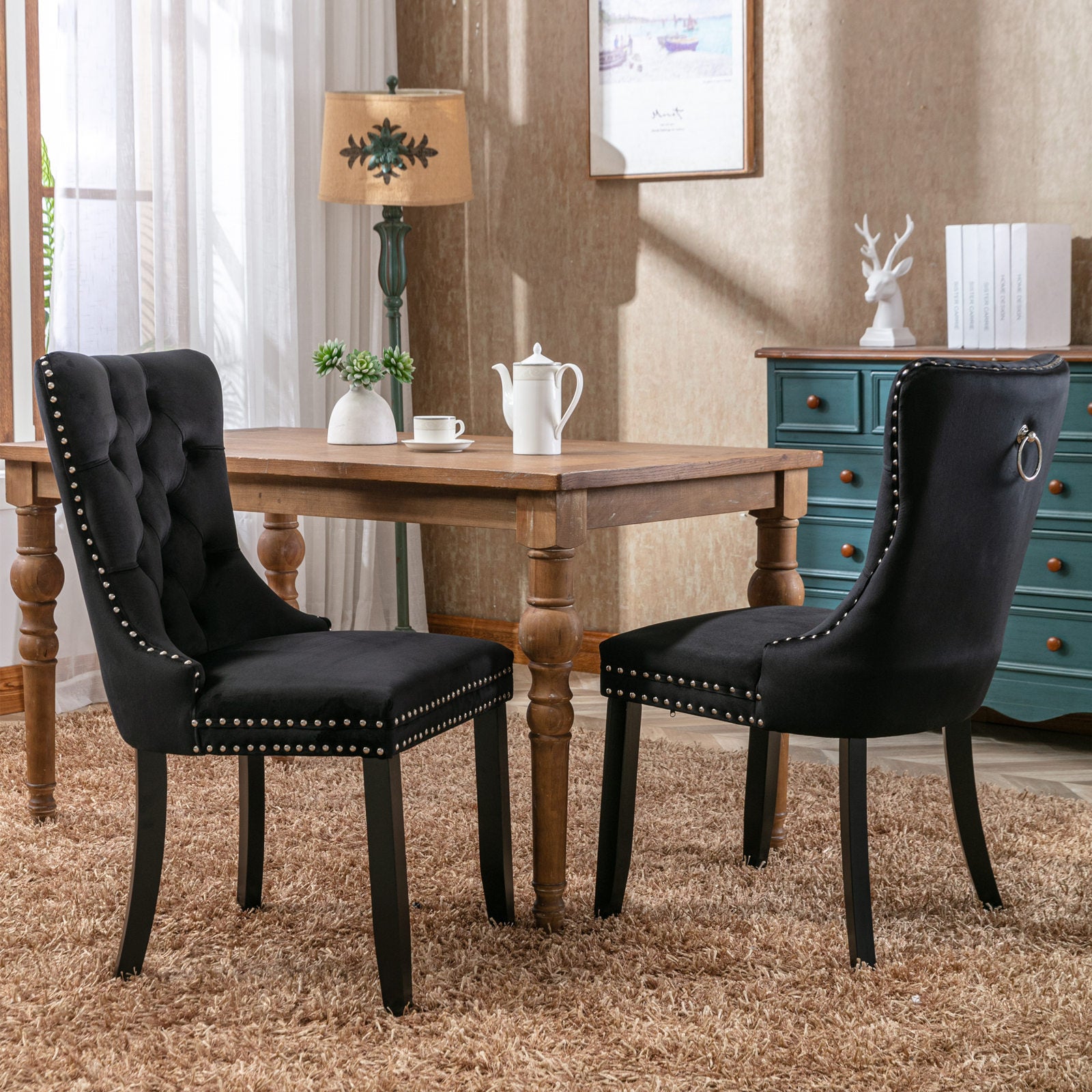HAOYYE High-end Tufted Solid Wood Contemporary Velvet Upholstered Dining Chair with Wood Legs Nailhead Trim 2-Pcs Set, Black, SW2001BK Sturdy Space-Saving Heavy Duty Modern Design