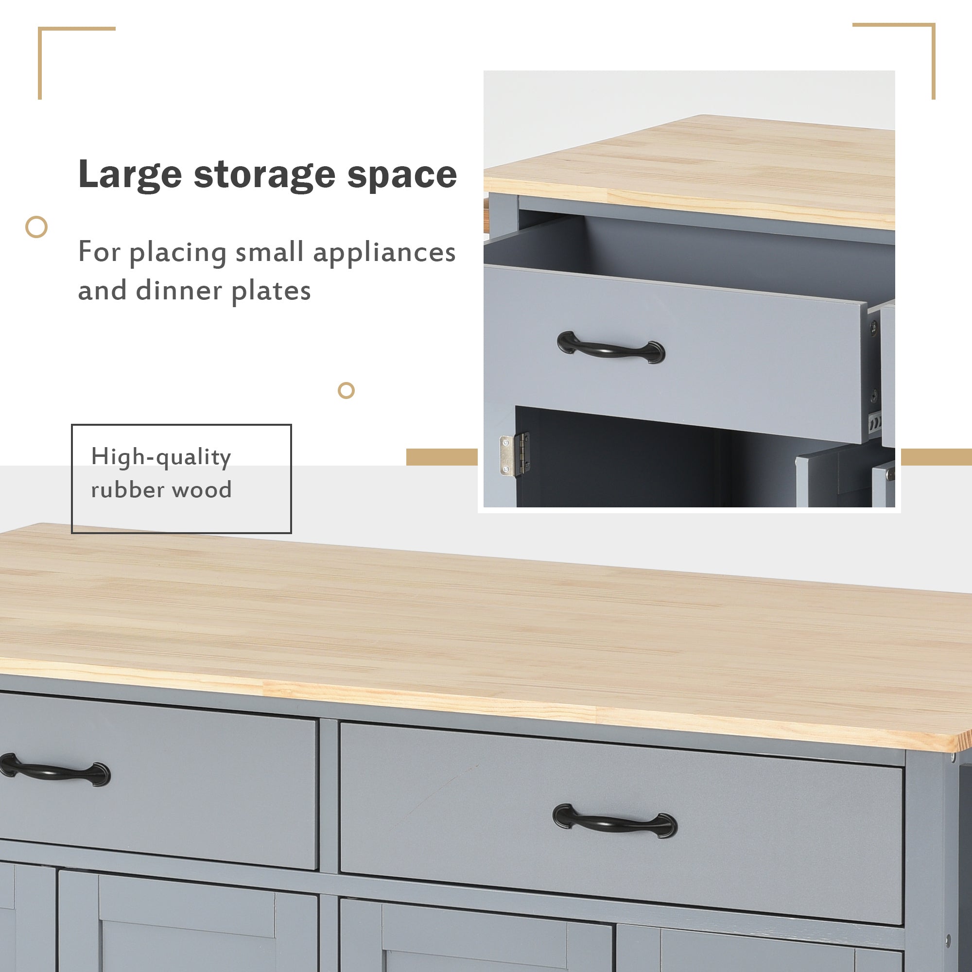HAOYYE Kitchen Island Cart with Solid Wood Top and Locking Wheels, 4-Door Cabinet and 2 Drawers, Spice Rack, Towel Rack, Grey Blue, Sturdy Space-Saving Design, Heavy Duty Construction, Easy Assembly, Stylish and Durable Home Furniture