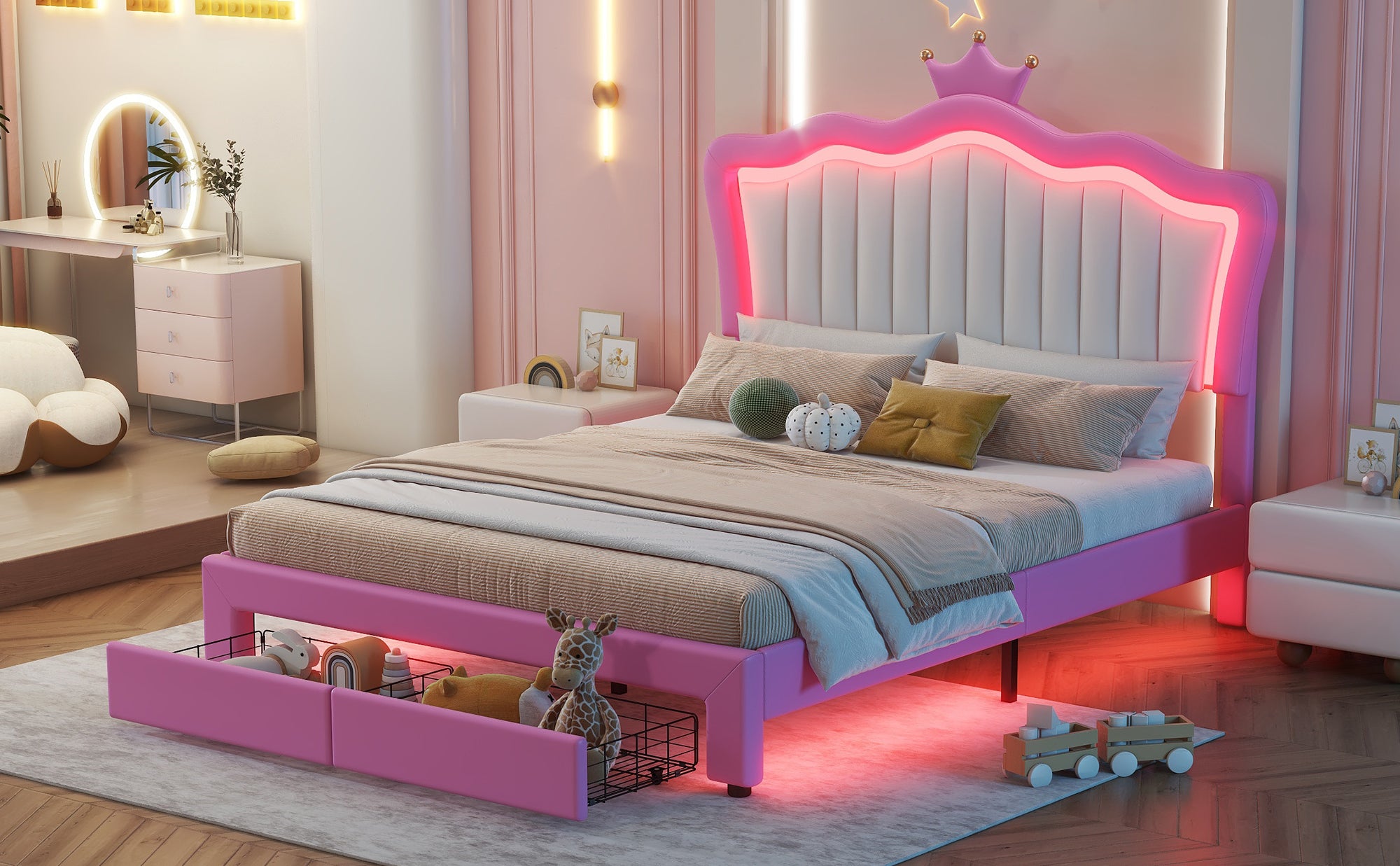 HAOYYE Full Size Upholstered Bed Frame With LED Lights, Modern Princess Bed With Crown Headboard And 2 Drawers, Pink And White, Sturdy Space-Saving Heavy Duty Design For Adults And Dorm Rooms
