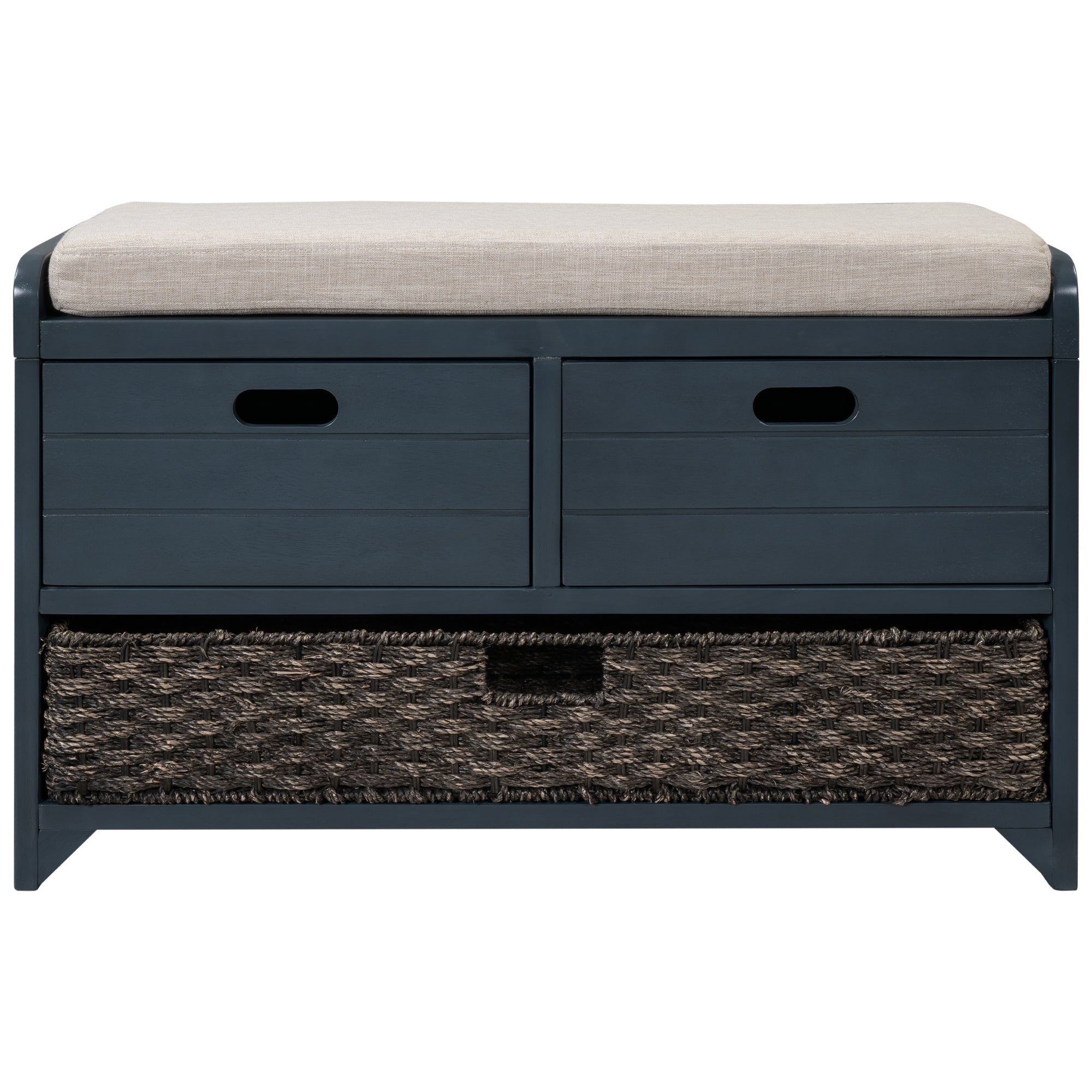 HAOYYE Storage Bench with Removable Basket and Two Drawers, Fully Assembled Shoe Bench with Removable Cushion, Navy, Sturdy Space-Saving Design, Heavy Duty Construction, Easy Assembly, Durable and Stylish Home Furniture