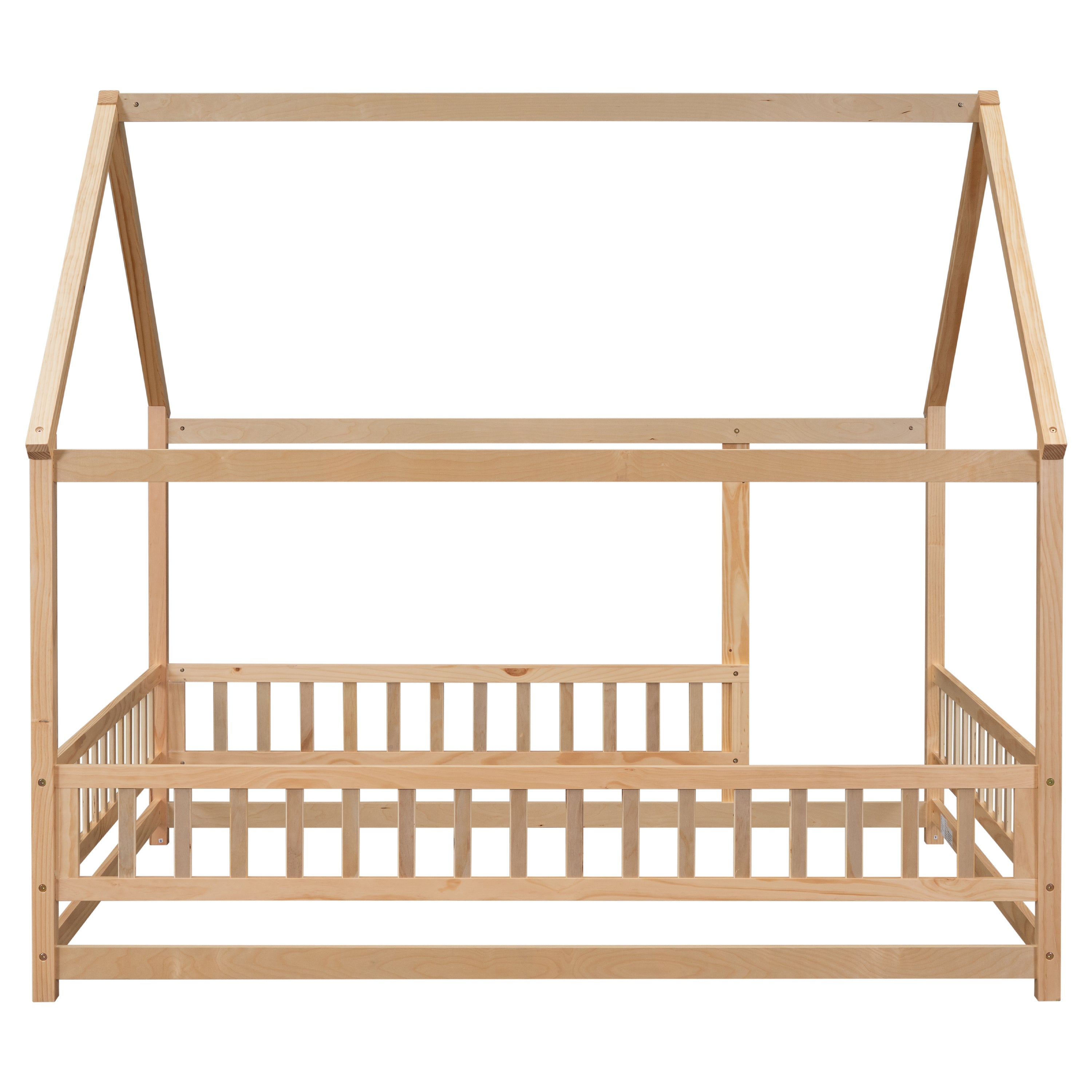 HAOYYE Full Size Floor Wooden Bed with House Roof Frame, Fence Guardrails ,Nartural Sturdy Space-Saving Heavy Duty Modern Design Adults Dorm Room Easy Assembly Bedroom Furniture
