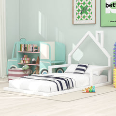 HAOYYE Twin Size Wood Floor Bed with House-shaped Headboard, White Sturdy Space-Saving Heavy Duty Modern Design Adults Dorm Room Easy Assembly Bedroom Furniture