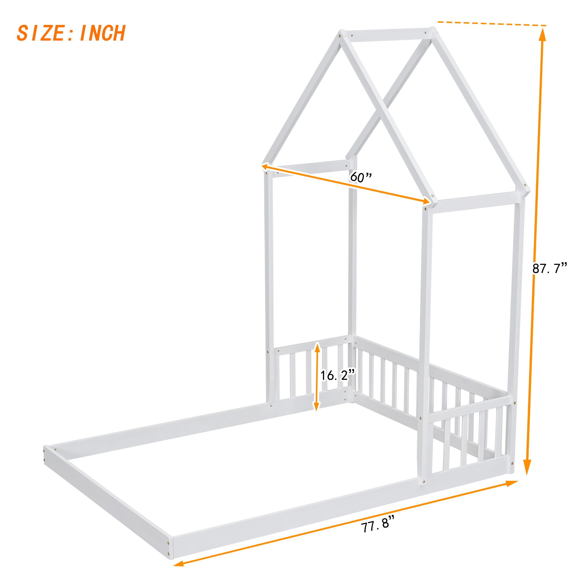 HAOYYE Full Roof-framed Headboard Floor Bed with Headboard Guardrails, without Slats White Sturdy Space-Saving Heavy Duty Modern Design Adults Dorm Room Easy Assembly Bedroom Furniture