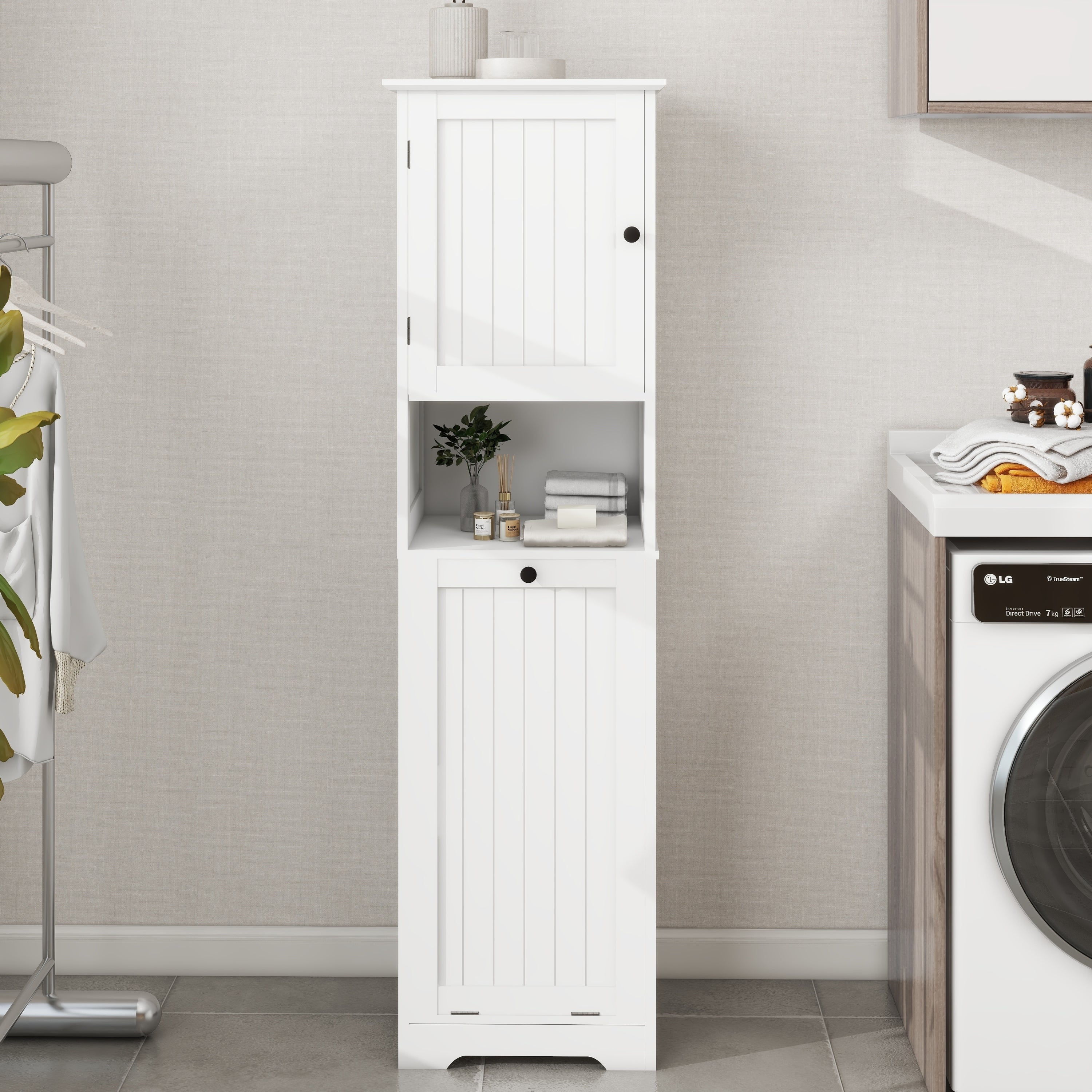 Haoyye One-Compartment Tilt-Out Laundry Sorter Cabinet, Modern Space-Saving Storage Unit with Removable Bag and Top Shelf, Sturdy MDF Construction with UV Finish, Stylish Organizer for Bathroom, Bedroom, or Laundry Room, Easy Assembly