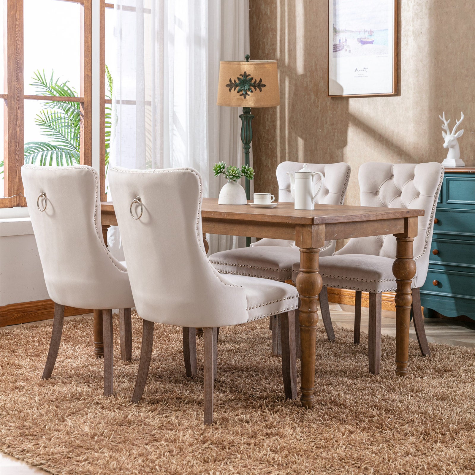 HAOYYE High-end Tufted Solid Wood Contemporary Velvet Upholstered Dining Chair with Wood Legs Nailhead Trim 2-Pcs Set,Beige, SW2001BG Sturdy Space-Saving Heavy Duty Modern Design