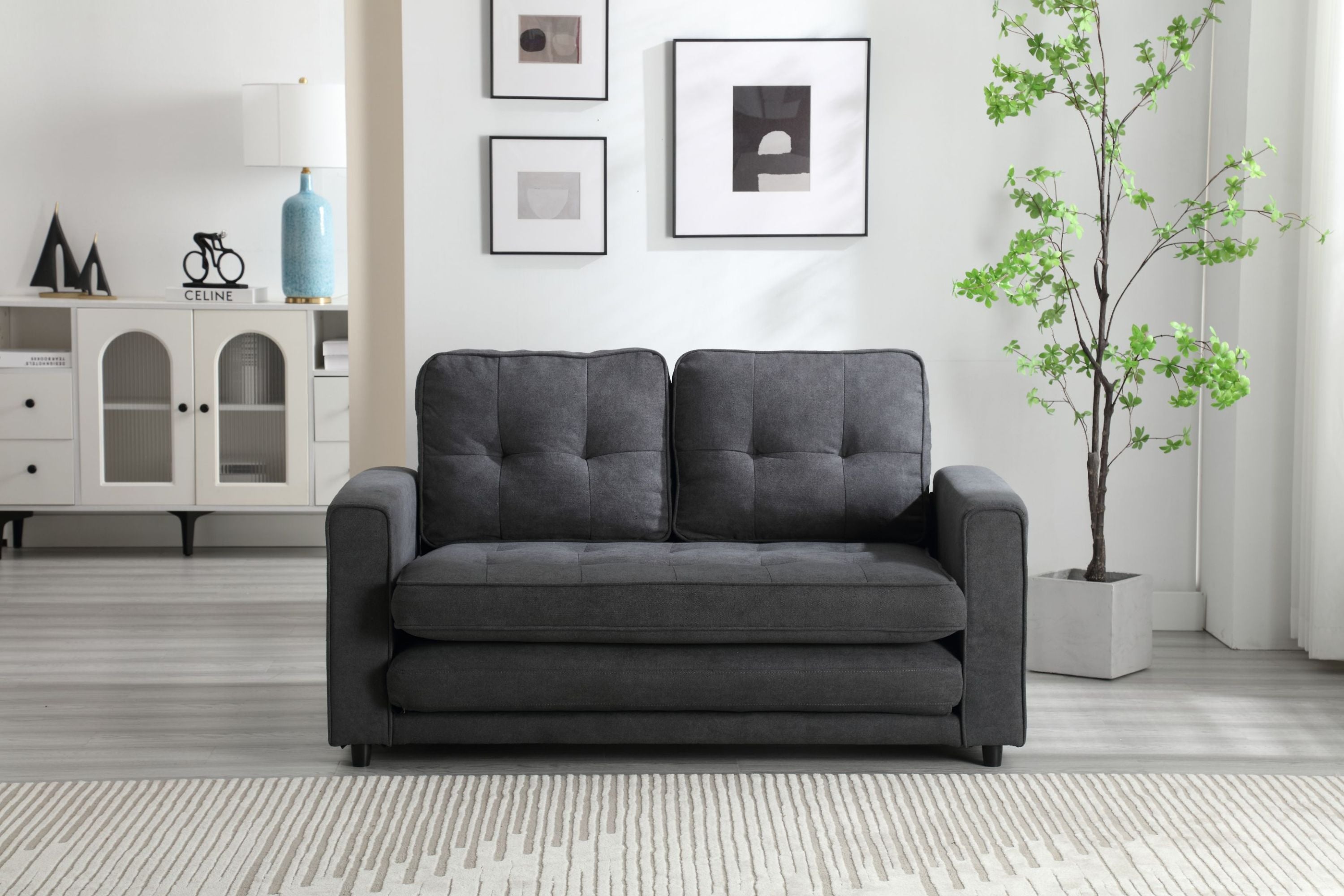 HAOYYE 3-Fold Convertible Futon Couch, Pull Out Sofa Bed, Space-Saving Loveseat Sleeper, Velvet Linen Fabric Upholstery, Heavy Duty Durable Sofa for Living Room, Modern Compact Design, Dark Gray, Light Gray, Beige