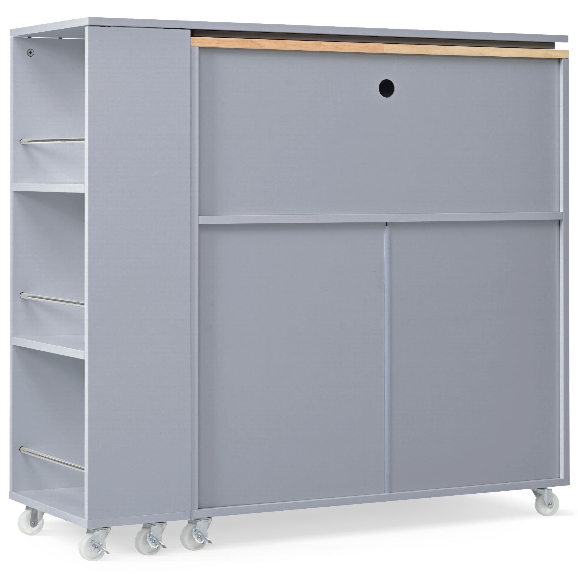 HAOYYE K&K Rolling Kitchen Island With Extended Table, Kitchen Island on Wheels with LED Lights,Power Outlets and 2 Fluted Glass Doors, Kitchen Island with a Storage Compartment and Side 3 Open Shelves, Grey