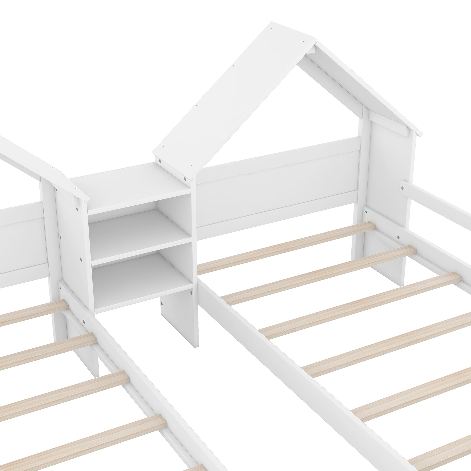 HAOYYE Double Twin Size Platform Bed with House-shaped Headboard and a Built-in Nightstand, White Sturdy Space-Saving Heavy Duty Modern Design Adults Dorm Room Easy Assembly Bedroom Furniture