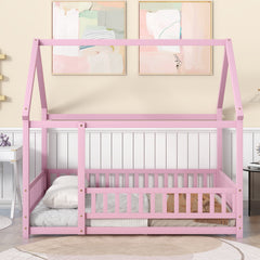 HAOYYE Full Size Floor Wooden Bed with House Roof Frame, Fence Guardrails ,Pink Sturdy Space-Saving Heavy Duty Modern Design Easy Assembly Durable Stylish Home Furniture Versatile
