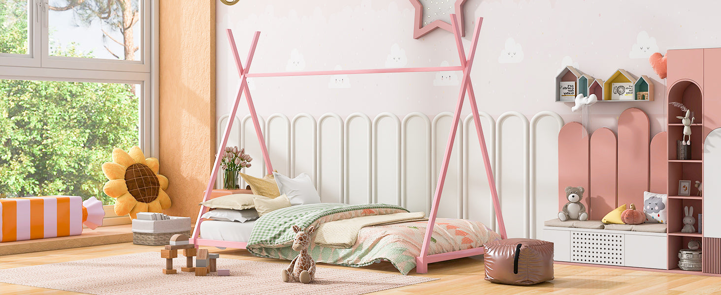HAOYYE Metal Twin Size House Platform Bed with Triangle Structure, Pink Sturdy Space-Saving Heavy Duty Modern Design Adults Dorm Room Easy Assembly Bedroom Furniture