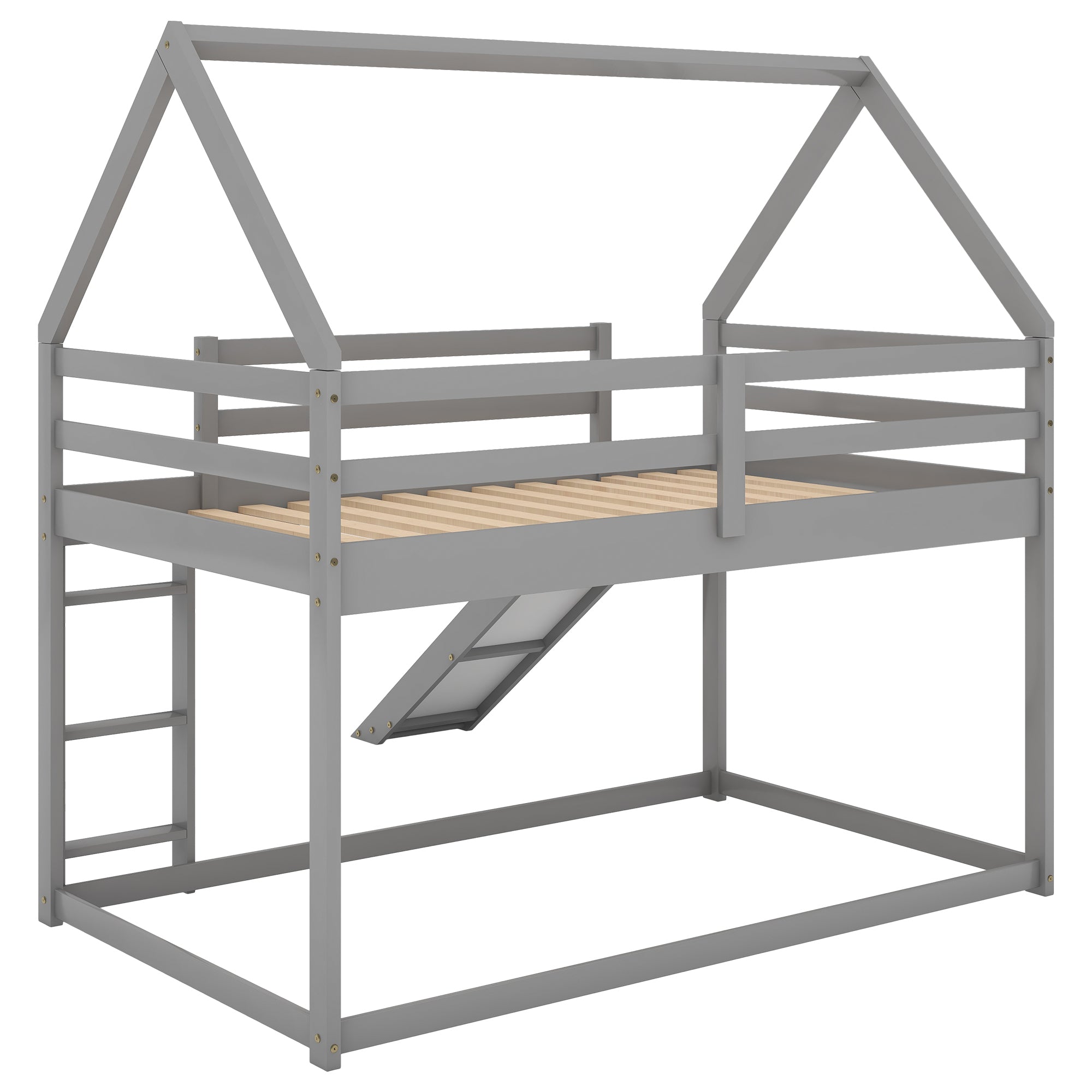 HAOYYE Twin Size Bunk House Bed with Slide and Ladder,Gray Sturdy Space-Saving Heavy Duty Modern Design Adults Dorm Room Easy Assembly Bedroom Furniture
