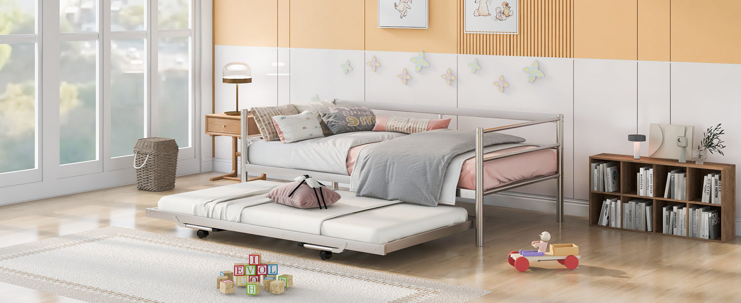 HAOYYE Twin Size Metal Daybed with Adjustable Trundle, Pop Up Trundle, Silver Sturdy Space-Saving Heavy Duty Modern Design Adults Dorm Room Easy Assembly Bedroom Furniture