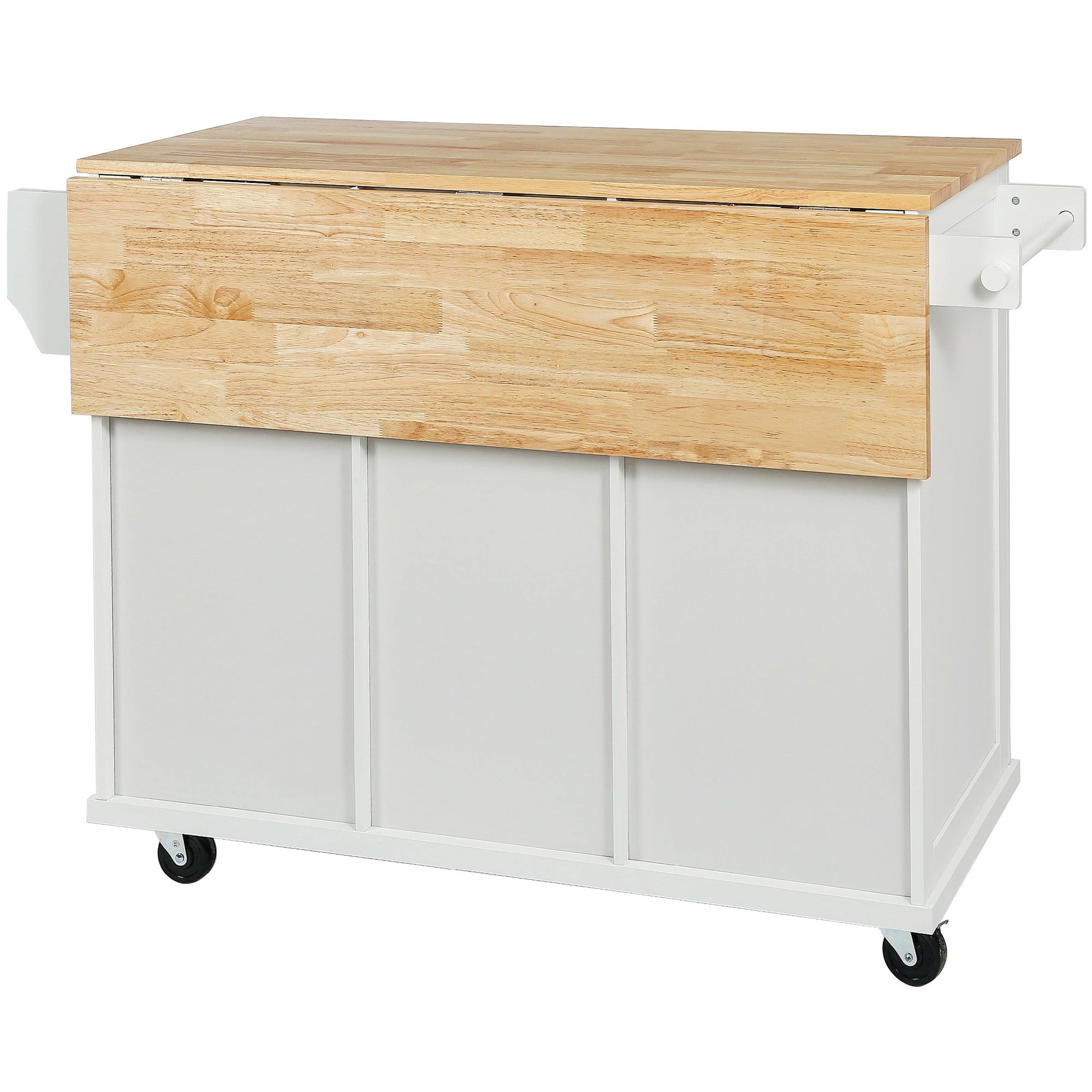 HAOYYE Kitchen Cart with Rubber wood Drop-Leaf Countertop ,Cabinet door internal storage racks,Kitchen Island on 5 Wheels with Storage Cabinet and 3 Drawers for Dinning Room,White Sturdy Space-Saving Durable