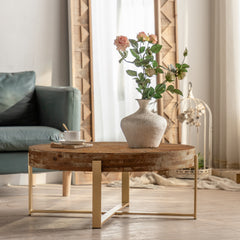 HAOYYE Modern Retro Round Coffee Table with Spliced Fir Wood Top and Gold Cross Legs Base, Sturdy Space-Saving Heavy Duty Design for Adults, Dorm Rooms, and Home Decor, Easy Assembly Entertainment Furniture for Living Rooms, Kitchens, and Offices
