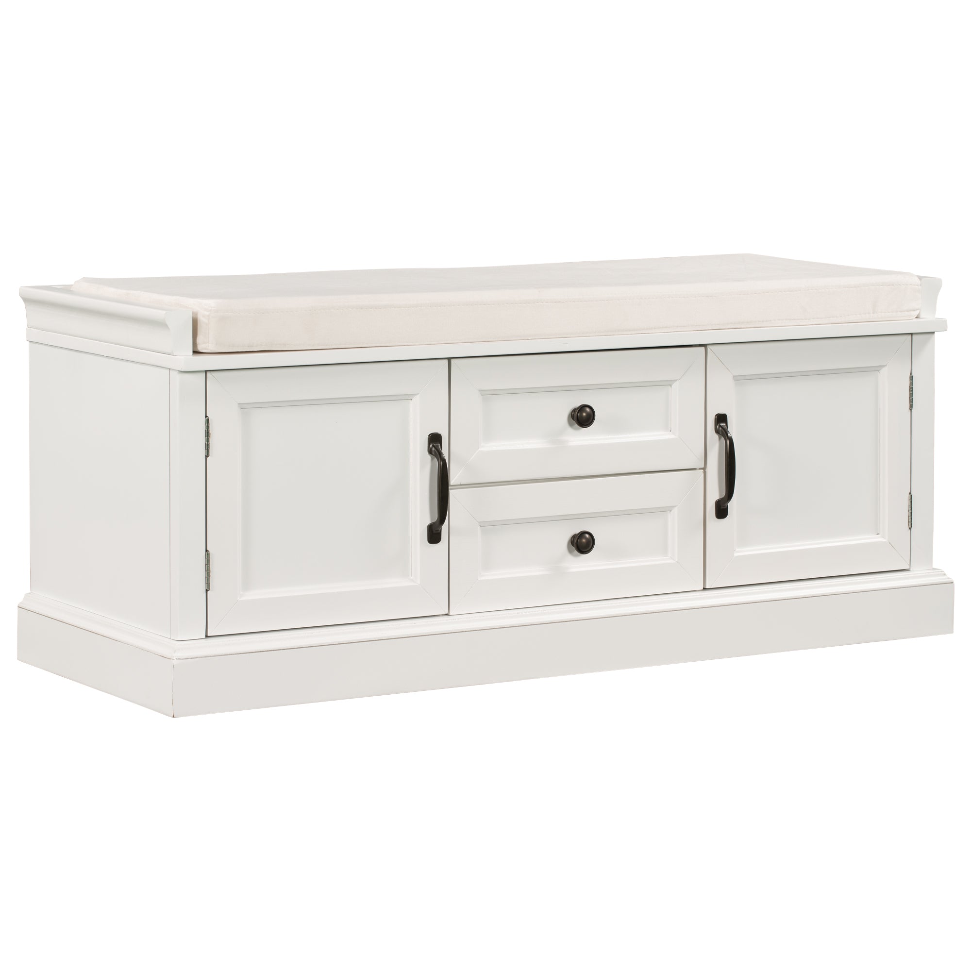HAOYYE Storage Bench with 2 Drawers and Cabinets, Shoe Bench with Removable Cushion for Living Room, Entryway, Sturdy Space-Saving Heavy Duty Modern Design, White, Easy Assembly for Adults and Dorm Rooms