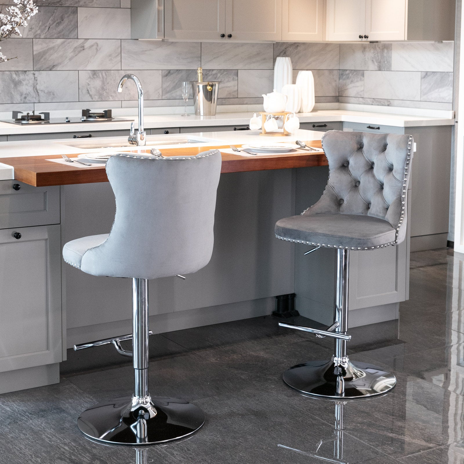 HAOYYE Adjustable Velvet Bar Stools with Tufted Backs, Swivel Seat Height Ranging from 25 to 33 Inches, Modern Upholstered Design with Chrome Base, Comfortable and Stylish Barstools for Kitchen Island or Home Pub