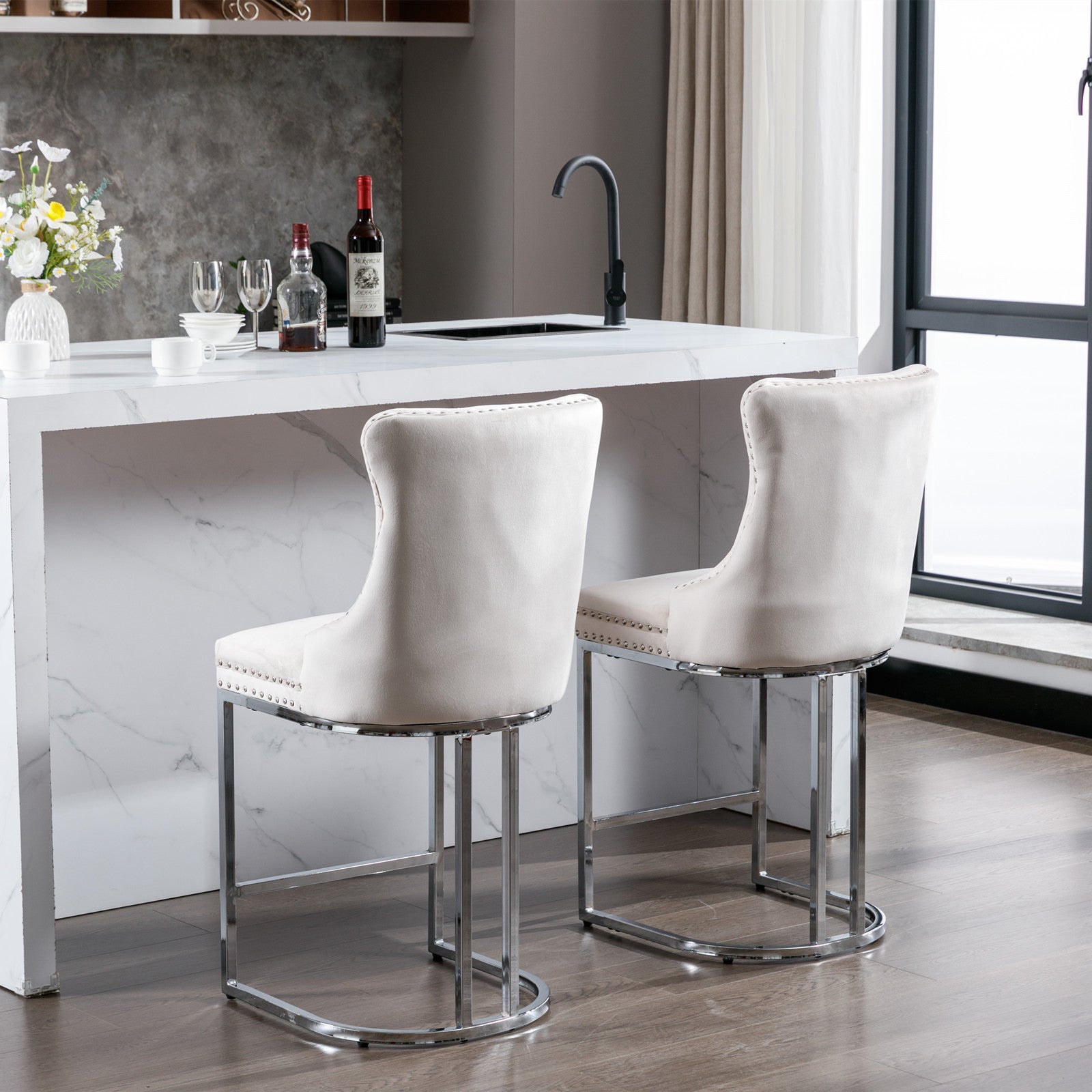 HAOYYE 26" Counter Height Bar Stools Set of 2, Modern Velvet Barstools with Button Back&Rivet Trim Upholstered Kitchen Island Chairs with Sturdy Chromed Metal Base Legs Farmhouse Bar Stools, (Beige,2 Pack)