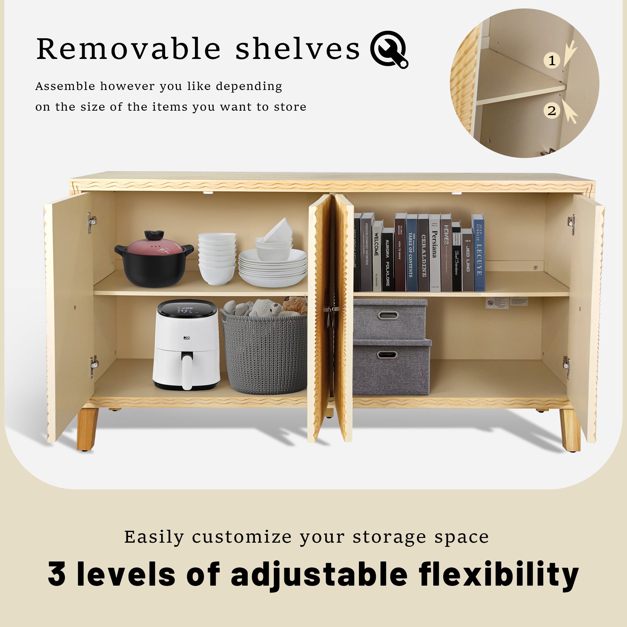 HAOYYE Vintage Storage Cabinet with Carved Scatter Pattern, 4 Door Dining Sideboard and Adjustable Shelves, Versatile Buffet and Accent Cabinet for Living Room, Kitchen, and Hallway, Sturdy and Space-Saving Design in Natural Finish
