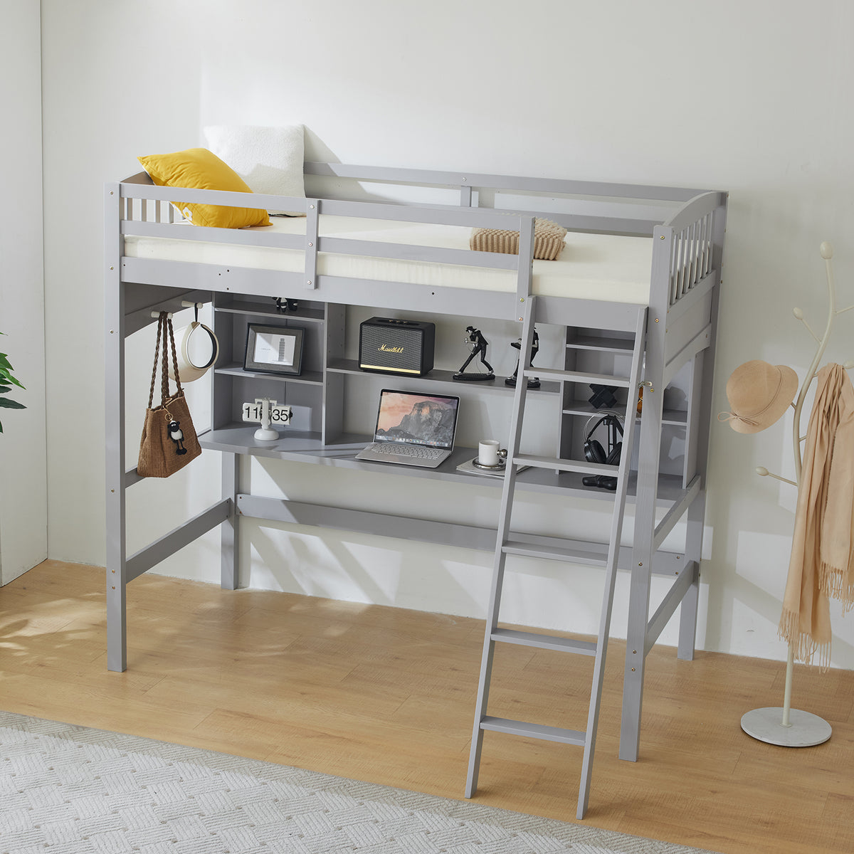 HAOYYE Loft Bed with Shelf & Desk, Inclined Ladder, Gray Twin Wooden Bed, Pine & Particle Board, Space-Saving Design for Kids, Teens, and Dorm Rooms, Sturdy Construction, Easy Assembly, Modern & Functional
