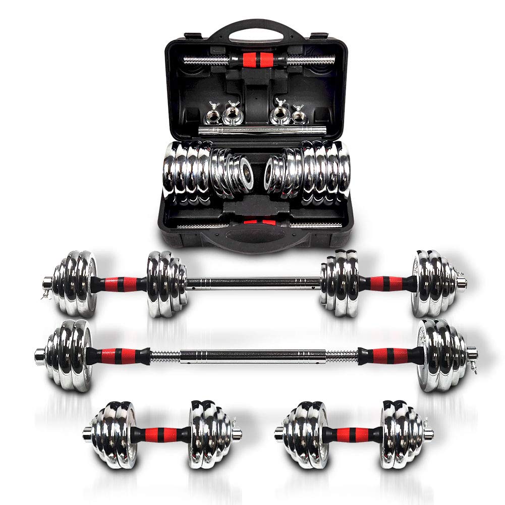 HAOYYE 44lbs Adjustable Dumbbell Set 3 in 1 Dumbbell and Barbell Kit with Metal Connecting Rod and Chromed Weight Plates Portable Gift Box for Home Gym Strength Training and Full Body Workouts