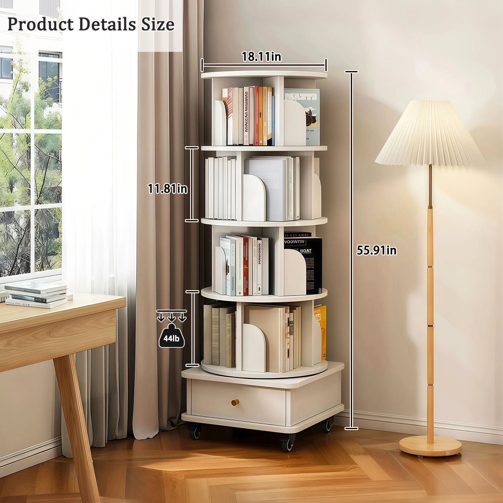 HAOYYE 5 Tier Rotating Bookshelf Tower with 360 Degree Swivel Display, Drawer Storage, Universal Wheels and Modern Round Design, Space-Saving Standing Bookcase for Home Office Bedroom or Living Room in Warm White