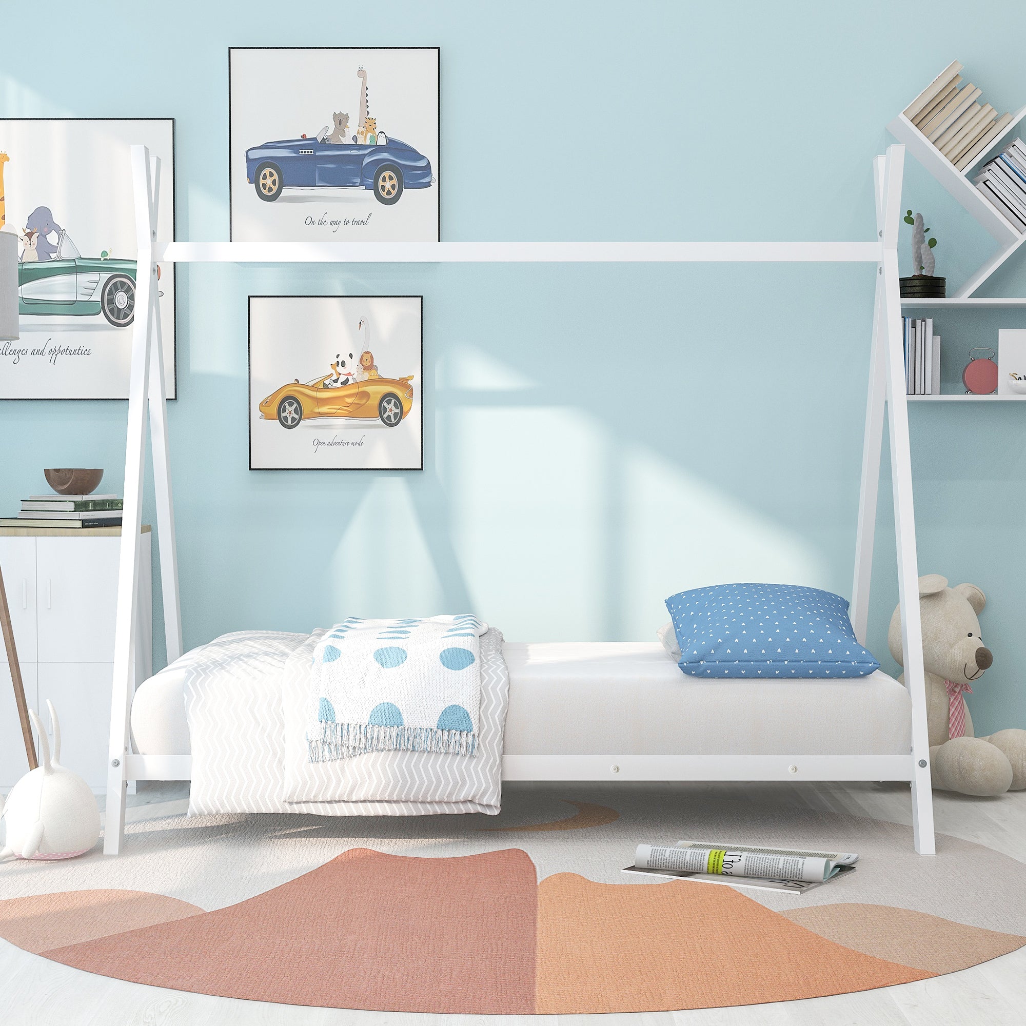 HAOYYE House Bed Tent Bed Frame Twin Size Metal Floor Play House Bed with Slat for Girls Boys , No Box Spring Needed White Sturdy Space-Saving Heavy Duty Modern Design Easy Assembly Durable Stylish