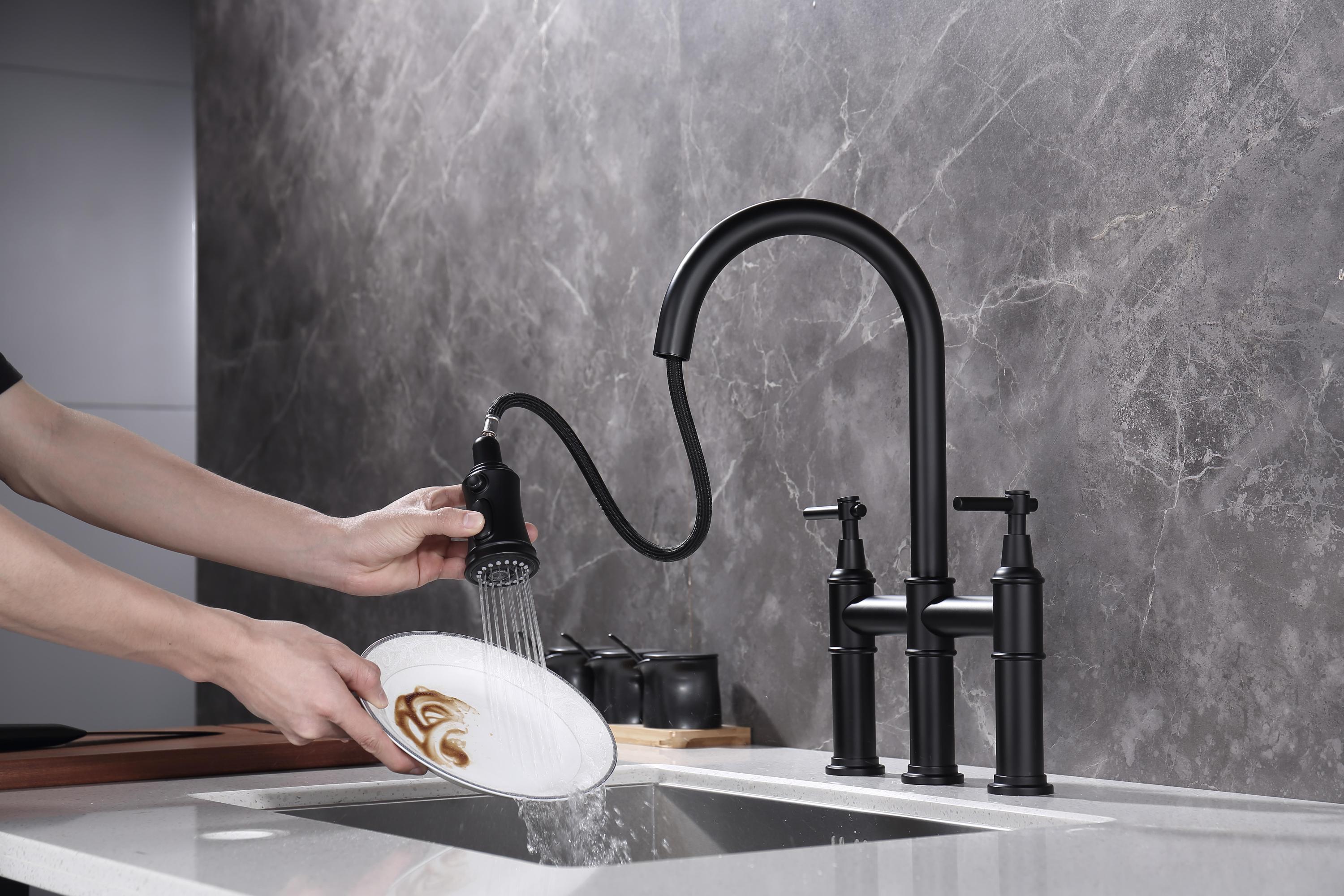 HAOYYE Bridge Kitchen Faucet with Pull-Down Sprayhead in Spot Sturdy Space-Saving Heavy Duty Modern Design Adults Dorm Room Easy Assembly Bedroom Furniture