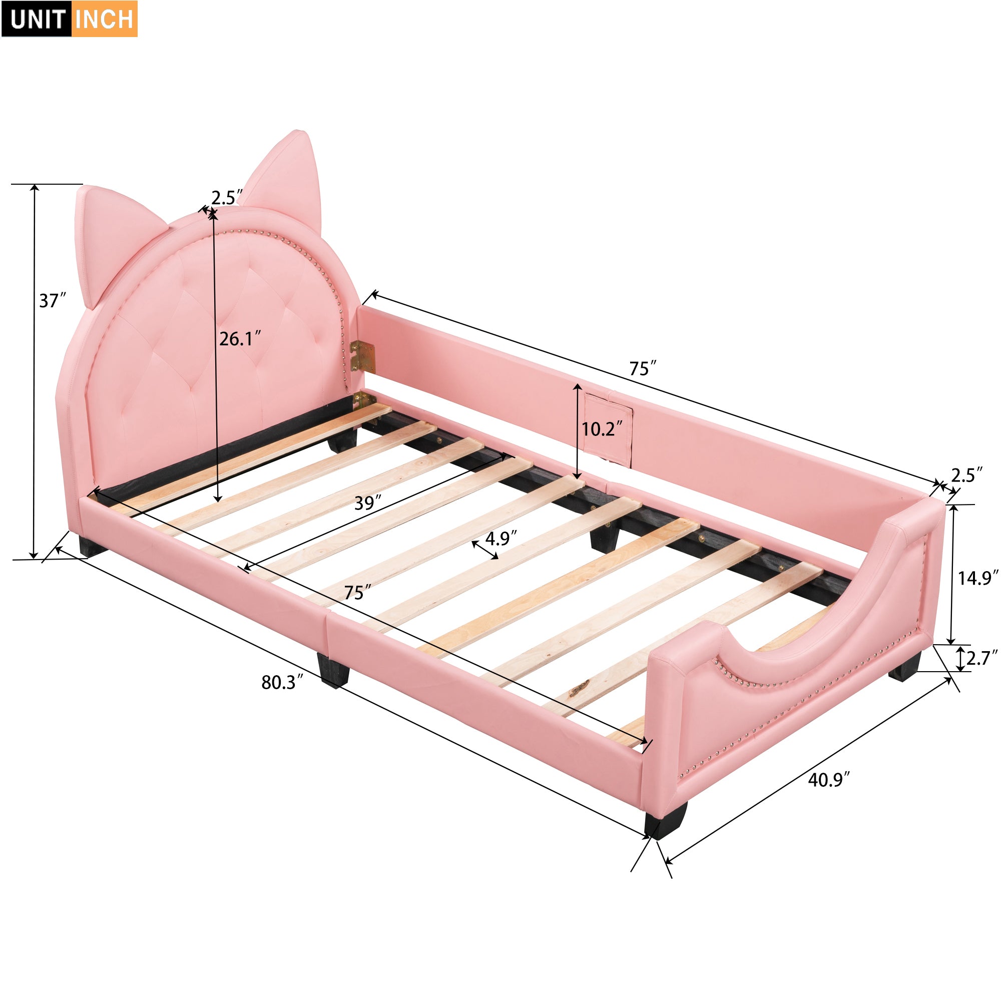 HAOYYE Twin Size Upholstered Daybed with Carton Ears Shaped Headboard, Pink Sturdy Space-Saving Heavy Duty Modern Design Adults Dorm Room Easy Assembly Bedroom Furniture