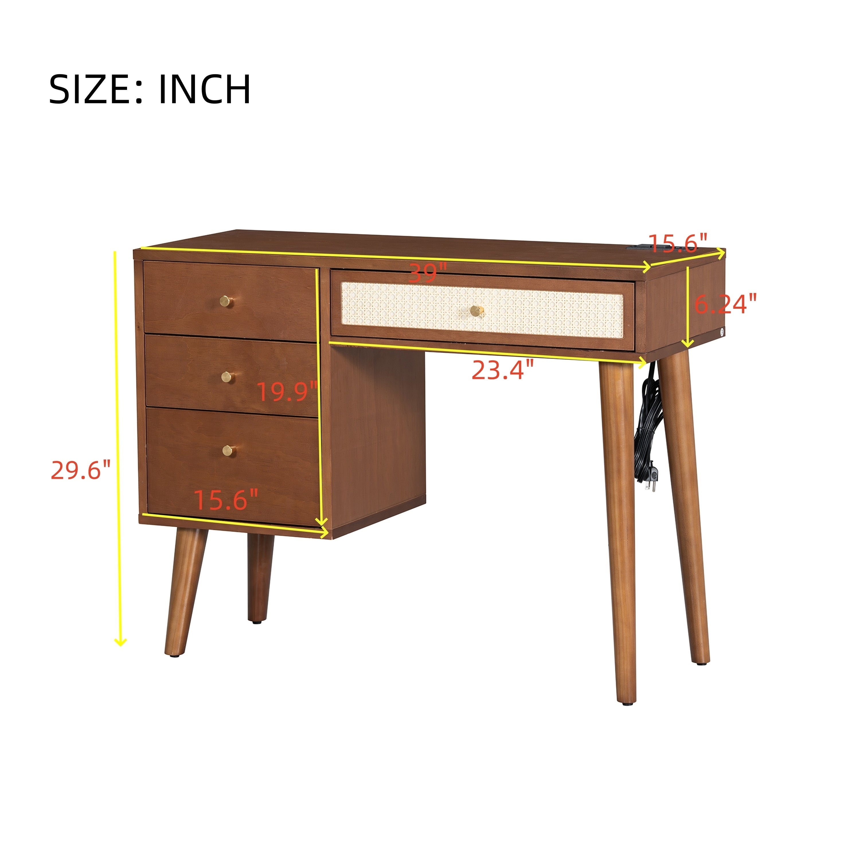HAOYYE 39" Retro Bohemian Style Wooden Makeup Vanity Set with Charging Plug&USB Port and Stool, Dressing Table with 3 Storage Drawers and 1 Rectangular Rattan Drawer, Walnut
