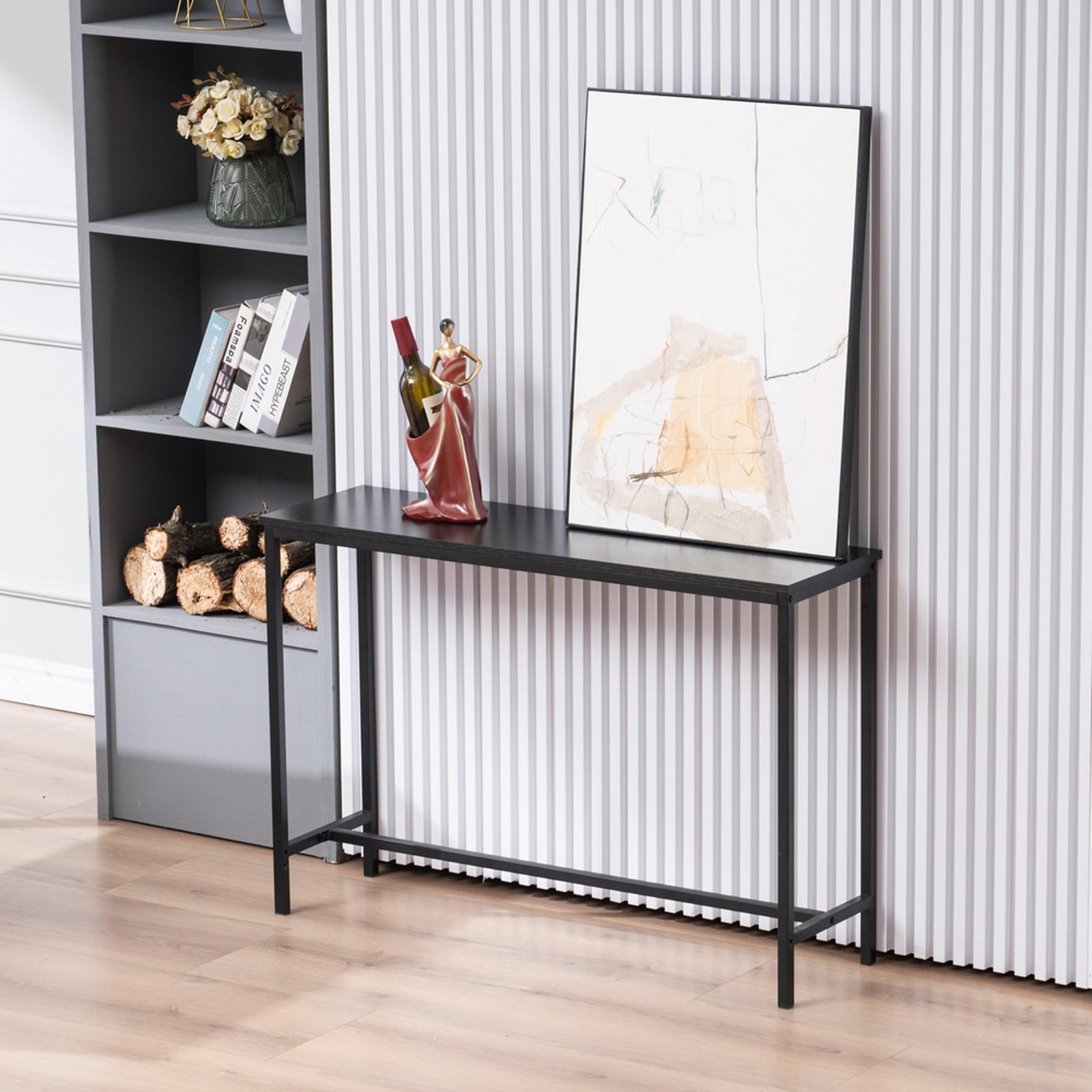 HAOYYE Industrial Style Porch Table Black Oak Triamine Board Single Layer Sturdy Design Durable Multifunctional Modern Home Organizer Practical Stylish Space-Saving Storage Solution for Entryway and Hallway
