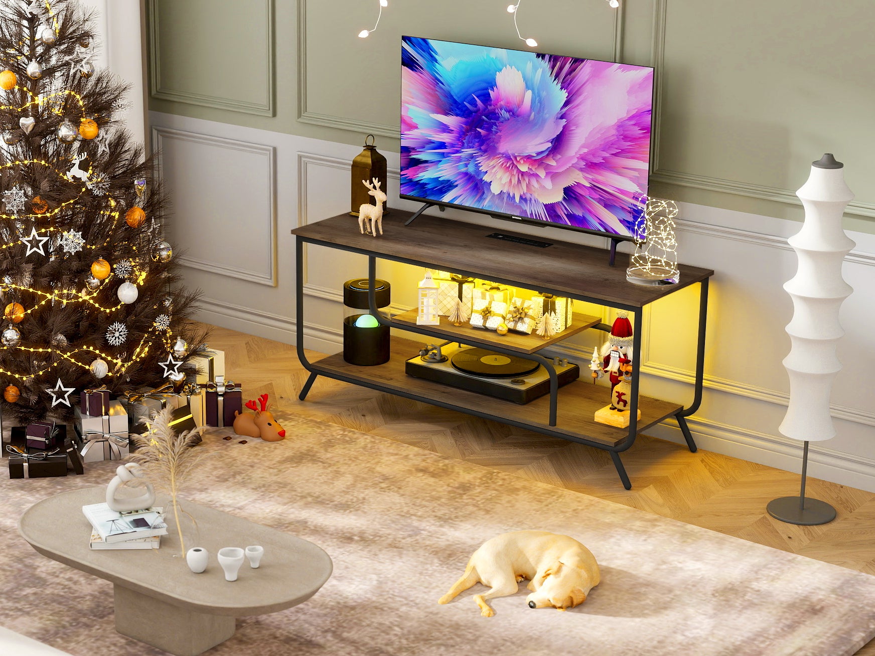 HAOYYE Modern TV Stand With Power Outlets And LED Lights, Entertainment Center With Shelves, TV Console Table For Living Room And Bedroom, Light Gray Sturdy Space-Saving Heavy Duty Design