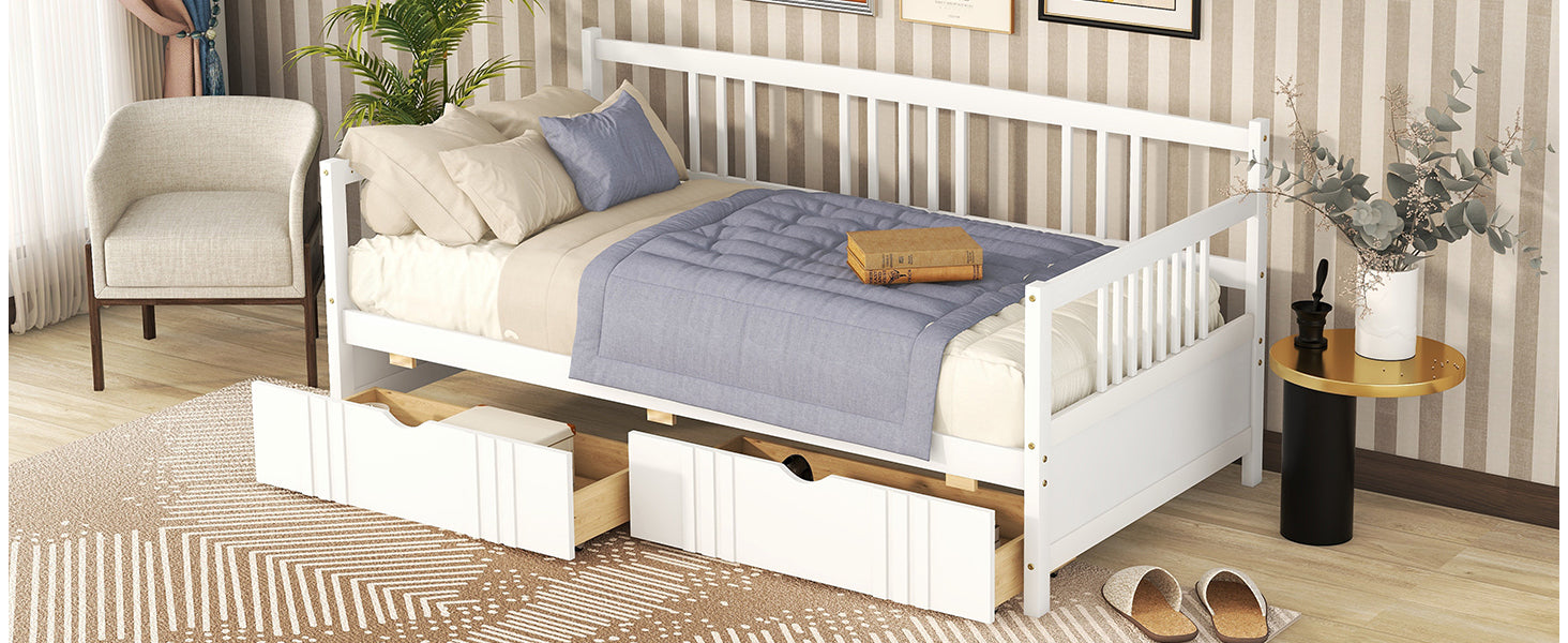HAOYYE Twin Daybed with Two Drawers, White Wood Bed Frame, Sturdy Space-Saving Design, Heavy Duty Construction, Ideal for Bedroom, Dorm Room, Easy Assembly