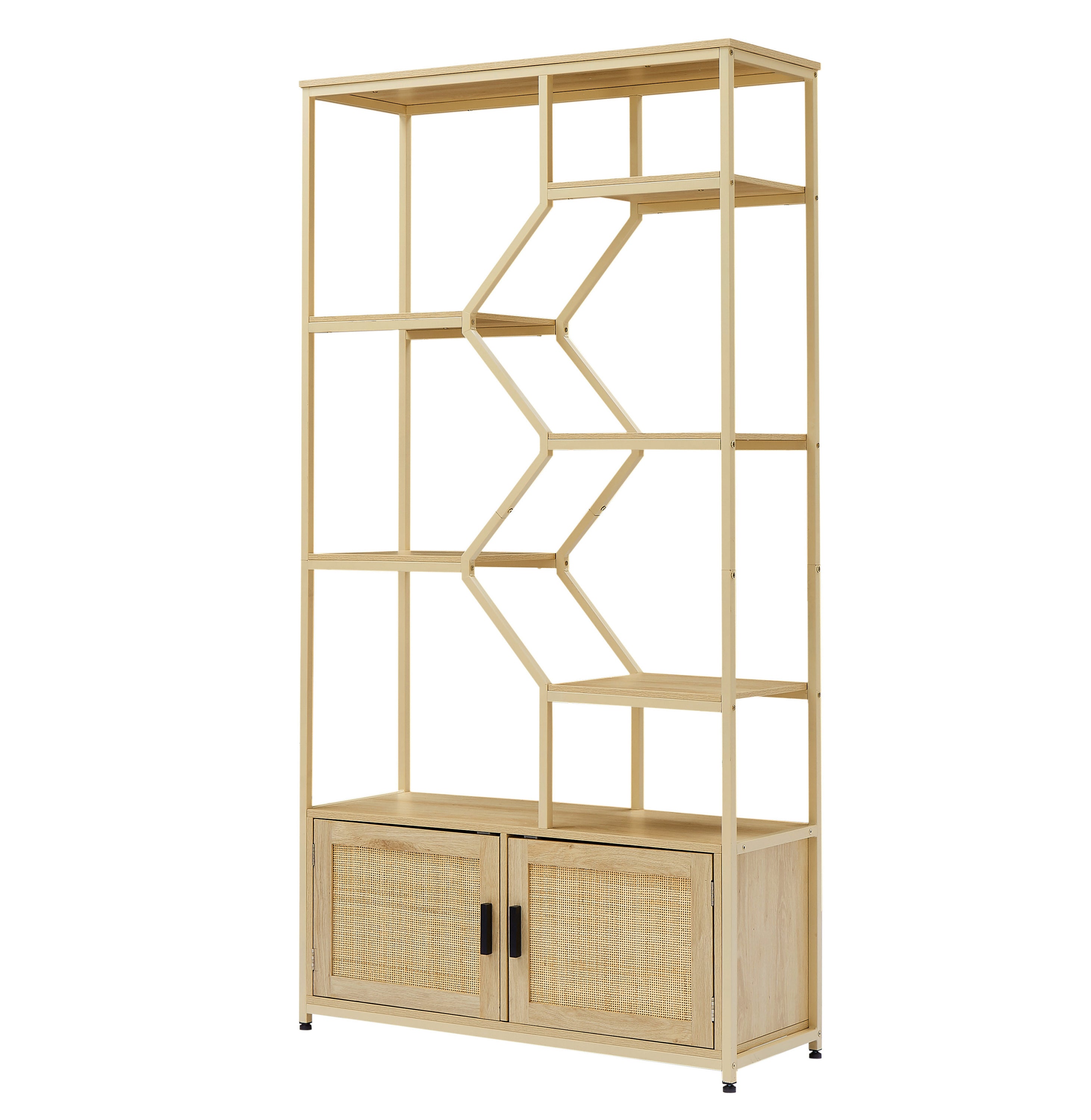 HAOYYE Rattan bookshelf 7 tiers Bookcases Storage Rack with cabinet for Living Room Home Office, Natural, 39.4'' W x 13.8'' D x 75.6'' H. Sturdy Space-Saving Heavy Duty Modern Design Adults Dorm Room