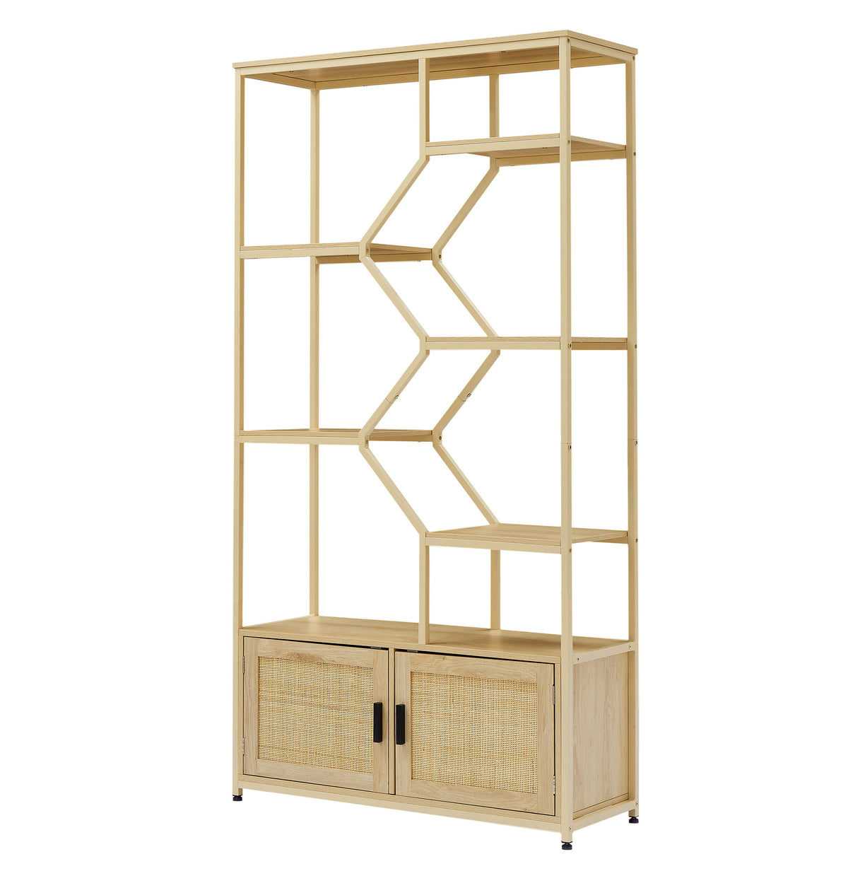 HAOYYE Rattan bookshelf 7 tiers Bookcases Storage Rack with cabinet for Living Room Home Office, Natural, 39.4'' W x 13.8'' D x 75.6'' H. Sturdy Space-Saving Heavy Duty Modern Design Adults Dorm Room