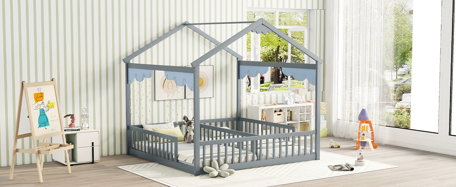 HAOYYE Double Twin House-Style Floor Bed with Fence, Guardrails, without door, Grey Sturdy Space-Saving Heavy Duty Modern Design Adults Dorm Room Easy Assembly Bedroom Furniture