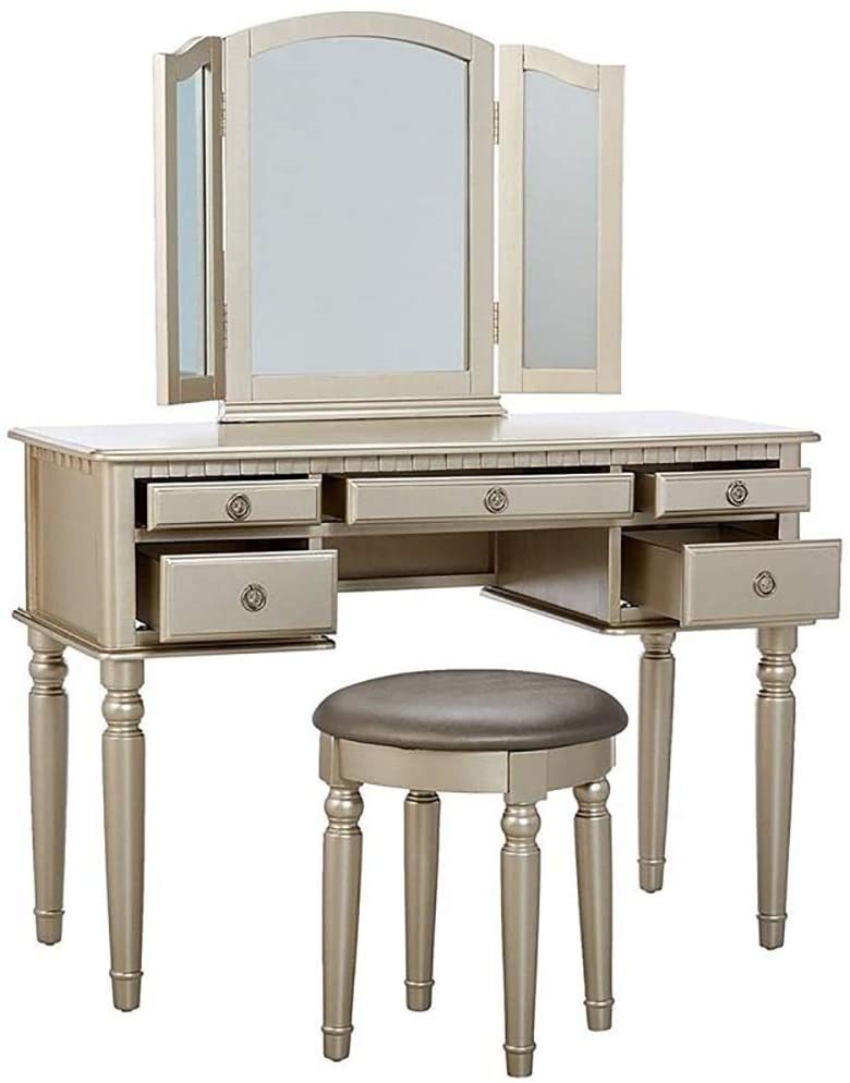 HAOYYE Bedroom Contemporary Vanity Set with Foldable Mirror, Padded Stool & Storage Drawers – Stylish Silver Color, Space-Saving Design for Small Spaces, Elegant Makeup Table for Bedroom or Dressing Room