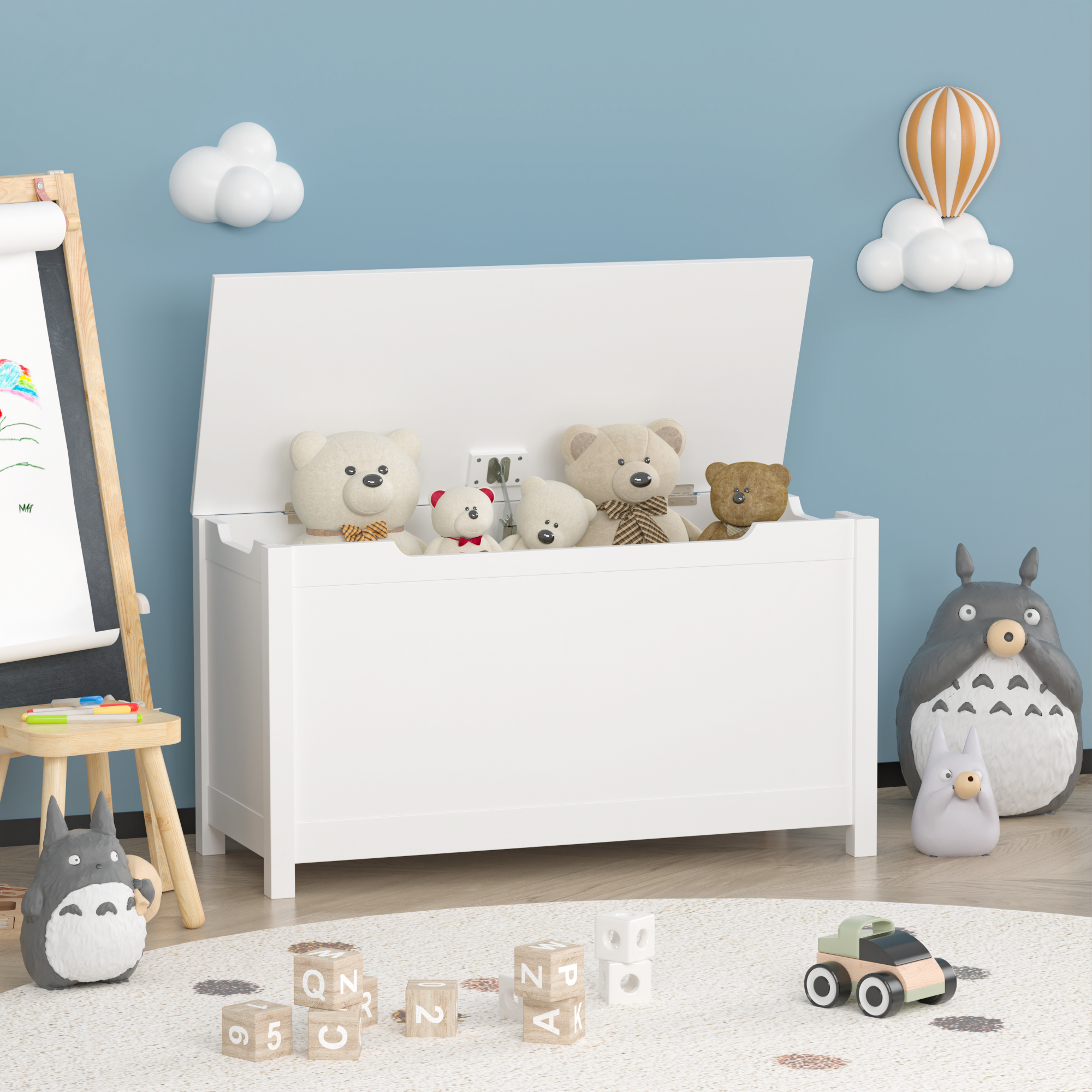 HAOYYE Wooden Toy Box Storage with Safety Hinged Lid, White, Sturdy Space-Saving Design, Easy Assembly, Durable and Stylish Home Furniture