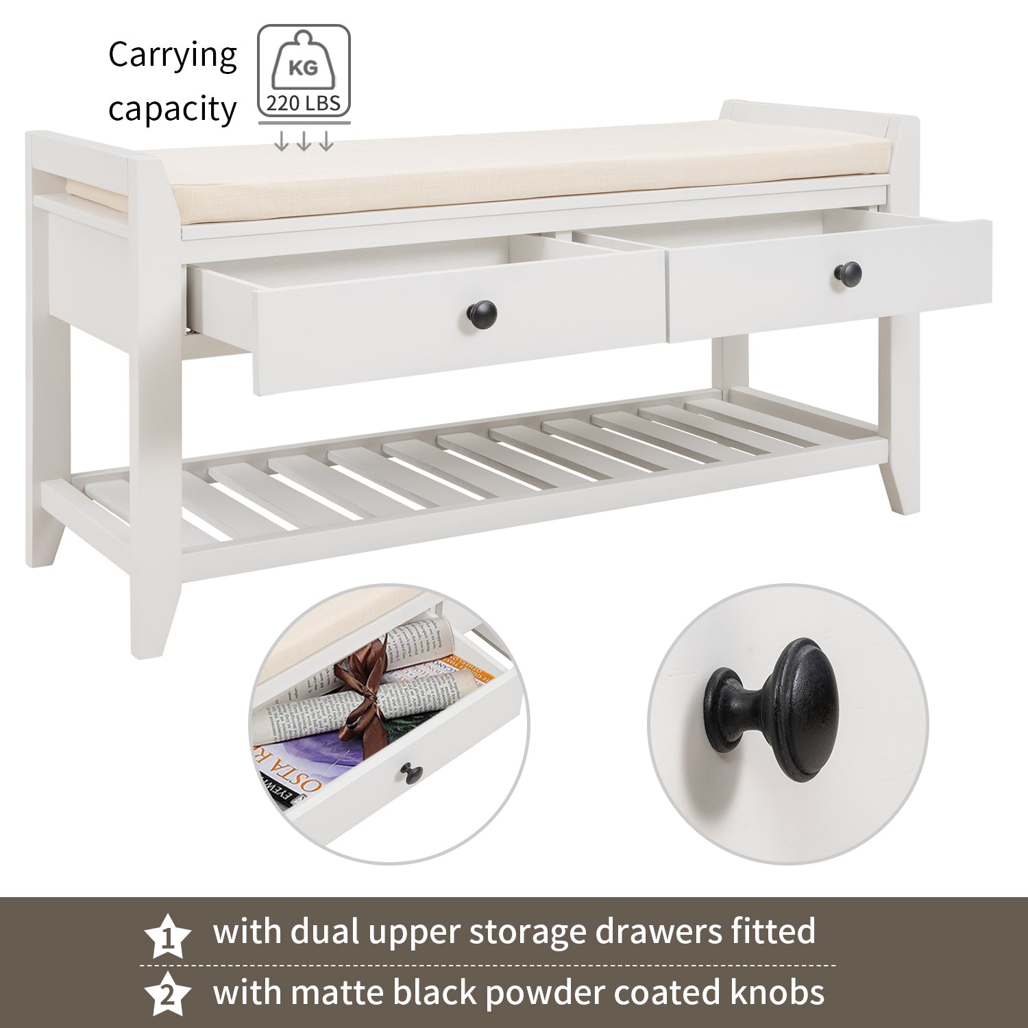 HAOYYE Shoe Rack Bench with Cushioned Seat and Storage Drawers, Versatile White Entryway Storage Bench, Sturdy Space-Saving Design, Heavy Duty Construction, Easy Assembly, Durable Stylish Home Furniture