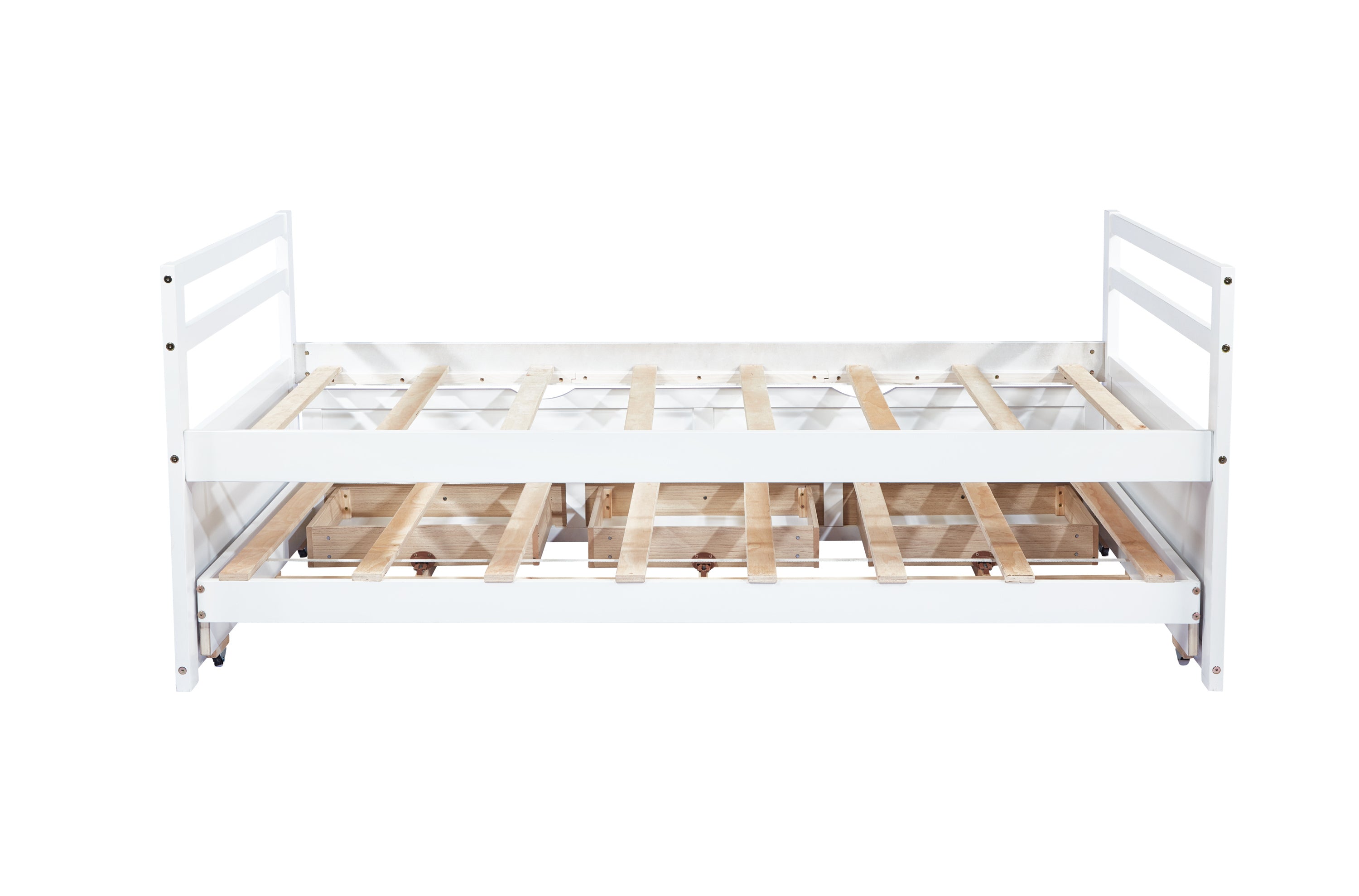 HAOYYE Twin Bed with Headboard, Footboard, Trundle and Storage Drawers, Pine Wood Twin Size Bed, White, Sturdy Space-Saving Heavy Duty Construction, Ideal for Adults and Dorm Rooms