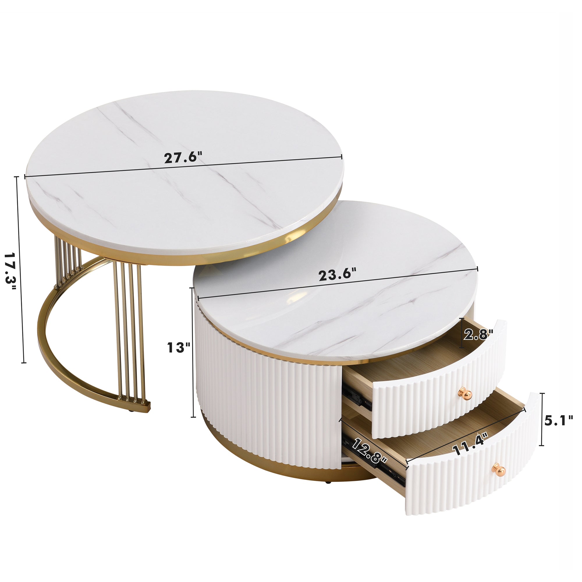 HAOYYE Modern 2-Piece White Round Nesting Coffee Table with Drawers, Sturdy and Space-Saving Design, Heavy Duty Construction, Ideal for Living Room, Bedroom, and Dorm Rooms, Easy Assembly for Adults