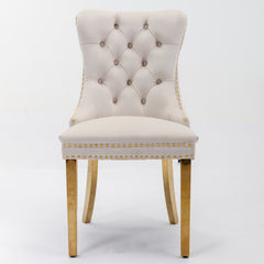 HAOYYE High-end Tufted Solid Wood Contemporary Velvet Upholstered Dining Chair with Golden Stainless Steel Plating Legs,Nailhead Trim,Set of 2,Beige and Gold, SW1601BG