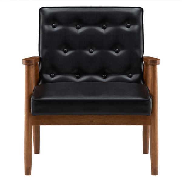 HAOYYE Retro Modern Wooden Single Chair With Black PU Upholstery, Comfortable High Back Design, Sturdy Solid Wood Frame, Elegant Living Room Accent Seating, Durable And Stylish Home Furniture