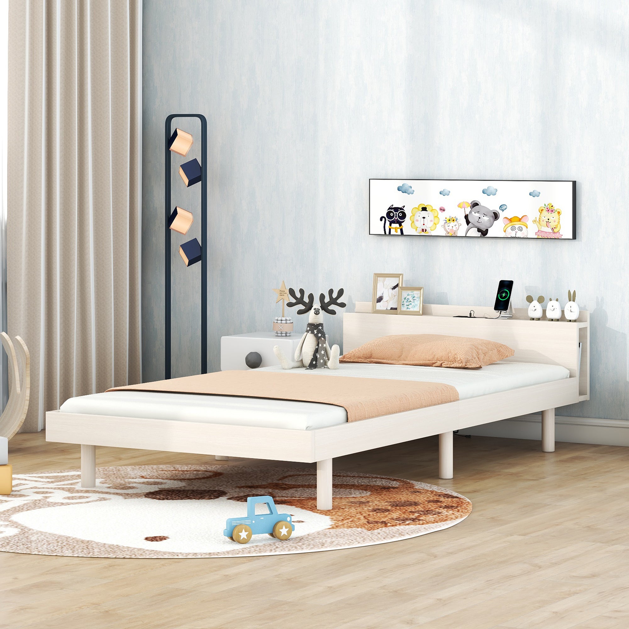 HAOYYE Modern Design Twin Size Platform Bed Frame with Built-in USB Ports for White Washed Color Sturdy Space-Saving Heavy Duty Adults Dorm Room Easy Assembly Bedroom Furniture