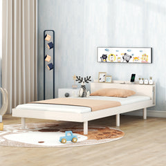 HAOYYE Modern Design Twin Size Platform Bed Frame with Built-in USB Ports for White Washed Color Sturdy Space-Saving Heavy Duty Adults Dorm Room Easy Assembly Bedroom Furniture