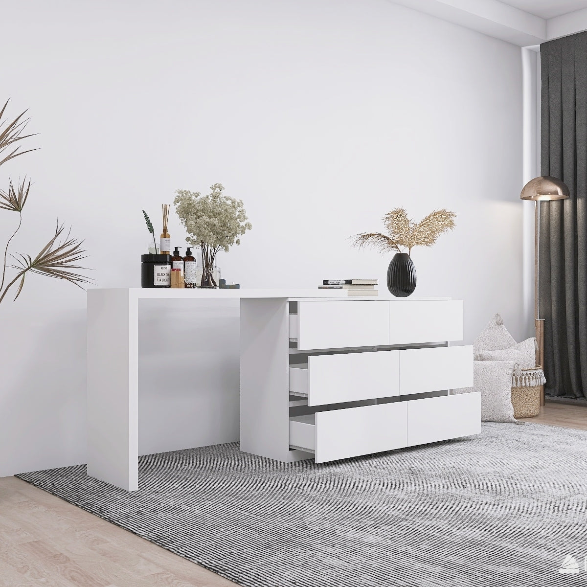 HAOYYE Extended Desktop 6-Drawer Dresser, White Modern Chest without Handles, Sturdy Space-Saving Design, Heavy Duty Construction, Ideal for Bedroom, Vanity, Dorm Room, Easy Assembly