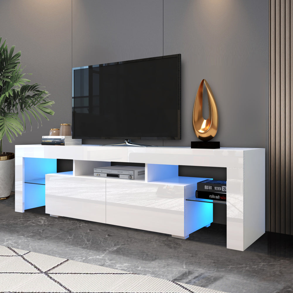 HAOYYE Modern White TV Stand, 20 Colors LED TV Stand w/Remote Control Lights Sturdy Space-Saving Heavy Duty Modern Design Easy Assembly Durable Stylish Home Furniture Versatile