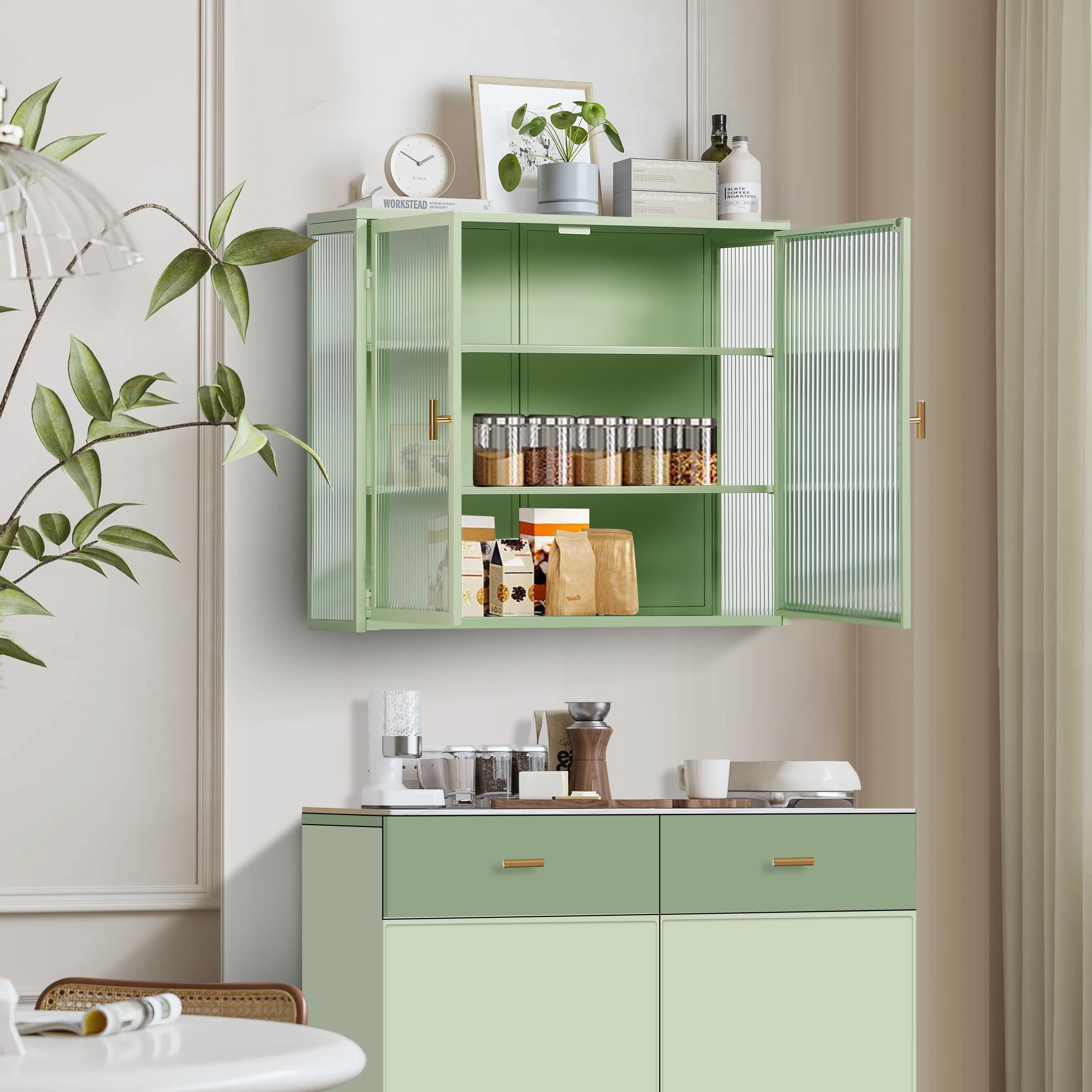 HAOYYE 27.56"Glass Doors Modern Two-door Wall Cabinet with Featuring Three-tier Storage for Entryway Living Room Bathroom Dining Room,Mint Green Sturdy Space-Saving Heavy Duty Modern Design Adults