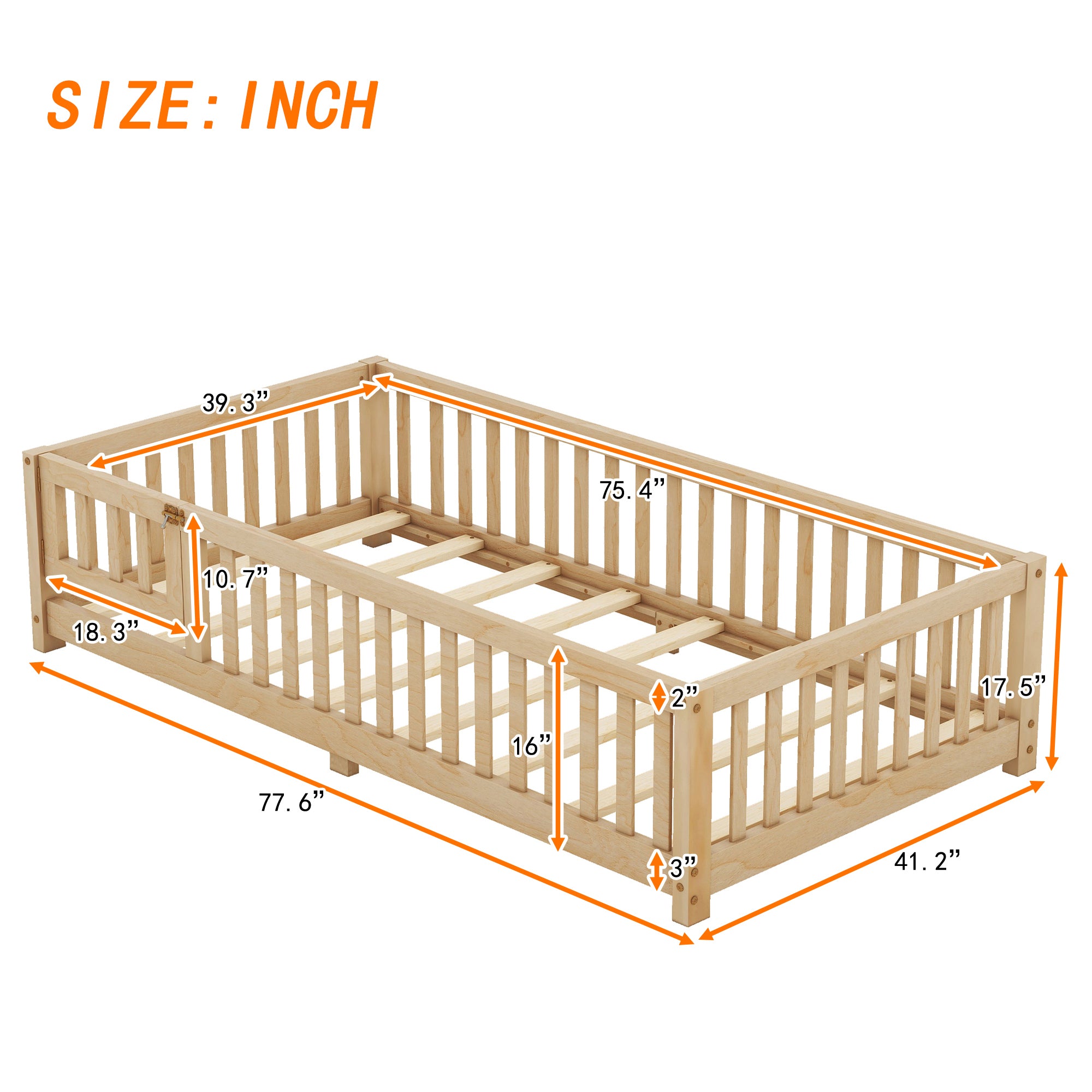 HAOYYE Twin Size Bed Floor Bed with Safety Guardrails and Door for , Natural(Old SKU: W158090686) Sturdy Space-Saving Heavy Duty Modern Design Adults Dorm Room Easy Assembly Bedroom Furniture
