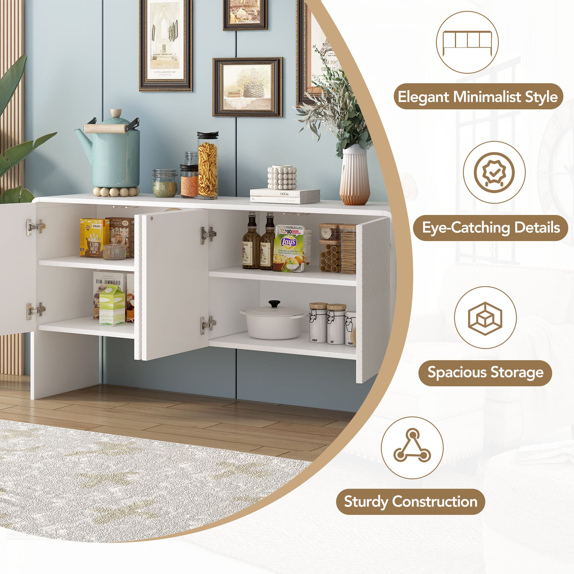 HAOYYE Minimalist Style 60"L Large Storage Space Sideboard with 4 Doors and Rebound Device for Living Room and Entryway (White) Sturdy Space-Saving Heavy Duty Modern Design Adults Dorm Room
