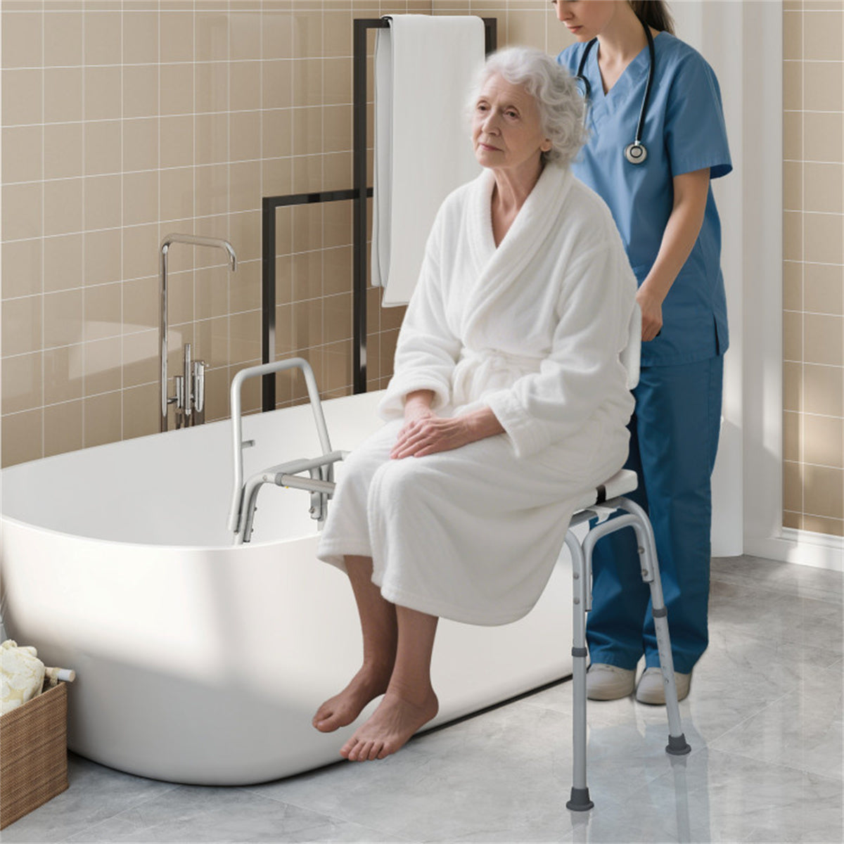 HAOYYE White Ultra Wide Bathroom Seat With 9-Level Adjustable Height Sliding Tub Transfer Bench Safety Handrail And Belt For Seniors Disabled Pregnant Women Post Surgery Rustproof Aluminum Frame Non-Slip Suction Cups